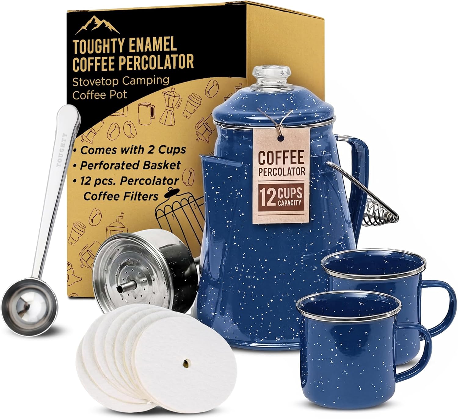 Toughty Enamel Coffee Percolator – 12-Cup Stovetop Camping Coffee Pot for Open Fire, Grill, or Gas Stove – Durable, Old-Fashioned Percolator with 2 Enamel Mugs for Outdoor Brewing - Blue