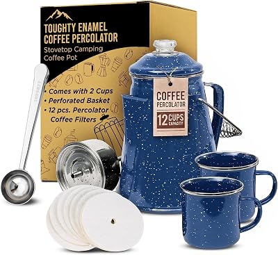 Toughty Enamel Coffee Percolator – 12-Cup Stovetop Camping Coffee Pot for Open Fire, Grill, or Gas Stove – Durable, Old-Fashioned Percolator with 2 Enamel Mugs for Outdoor Brewing - Blue