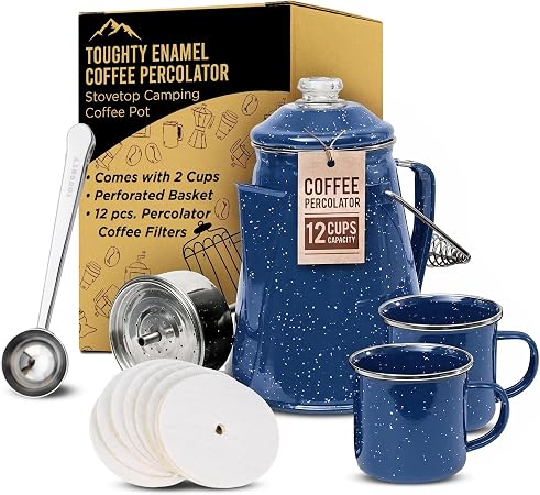 Toughty Enamel Coffee Percolator – 12-Cup Stovetop Camping Coffee Pot