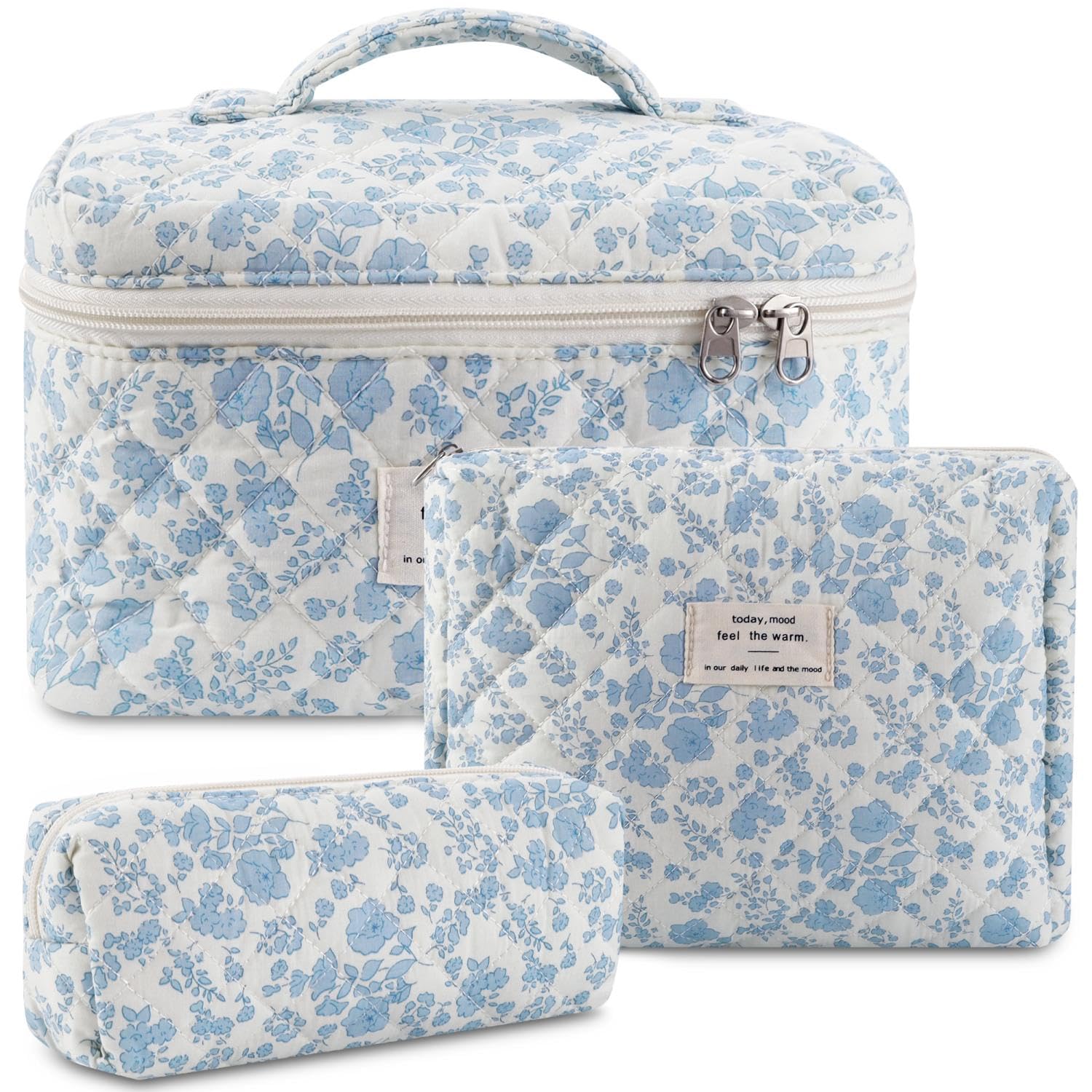 Justnard Quilted Makeup Bag Set, 3 Pcs Cotton Floral Makeup Bag, Large Toiletry Travel Cosmetic Bag for Women