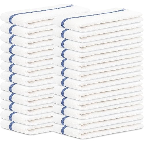 STF Linen Bar Mops Blue Stripe Pack of 24 Kitchen Towels 16x19 Multi-Purpose for Home, Restaurant and Cleaning White Absorbent Washcloth Dishcloths Sets, Reusable Dish, Cloths Rags