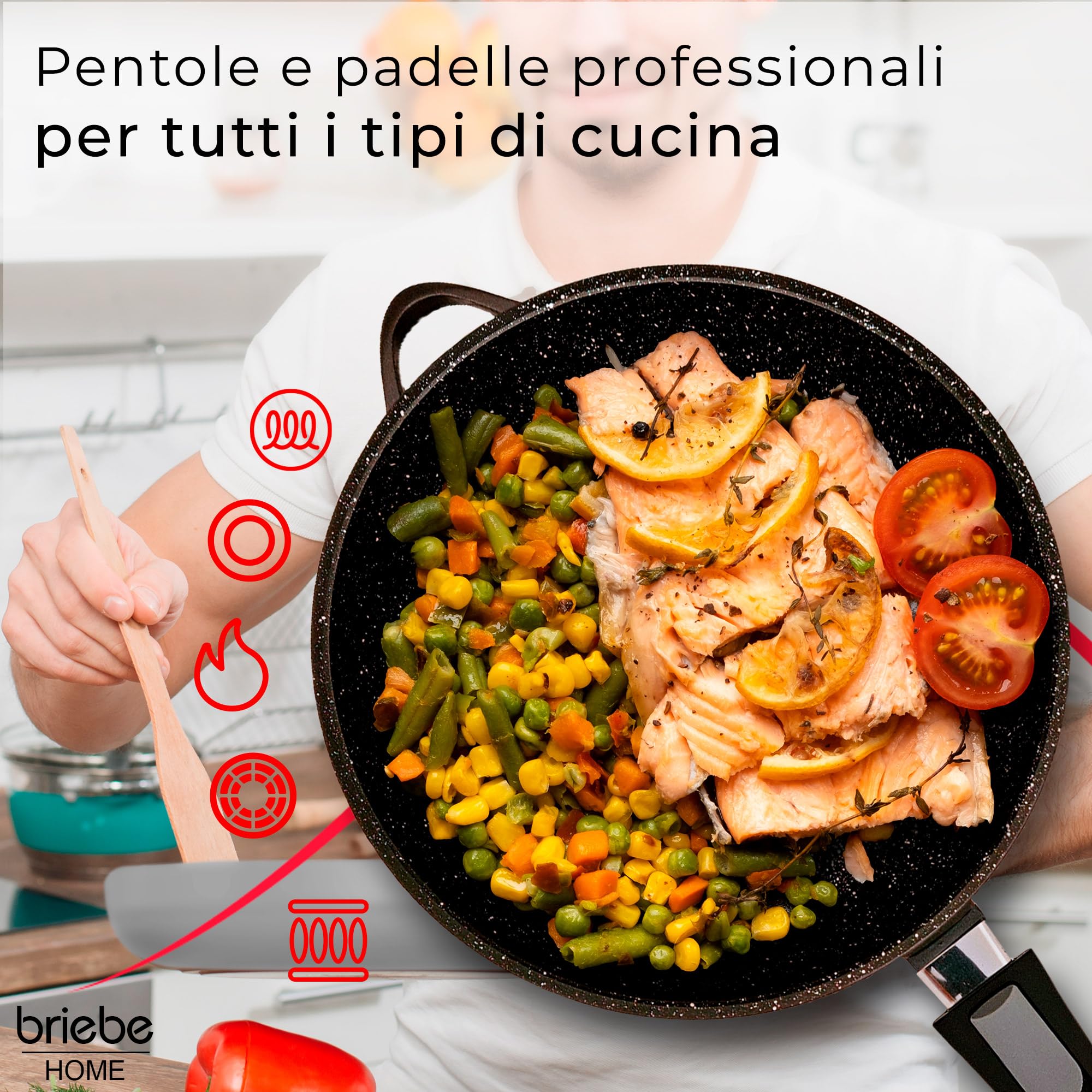 briebe Batteria da Cucina Induzione 12 Pezzi, set di 4 Pentole in Alluminio Fuso + 2 Padelle, Antiaderente ILAG GRANITEC senza PFOA, Coperchi in Vetro, Guanti in Silicone, Vetroceramica, Gas, Forno