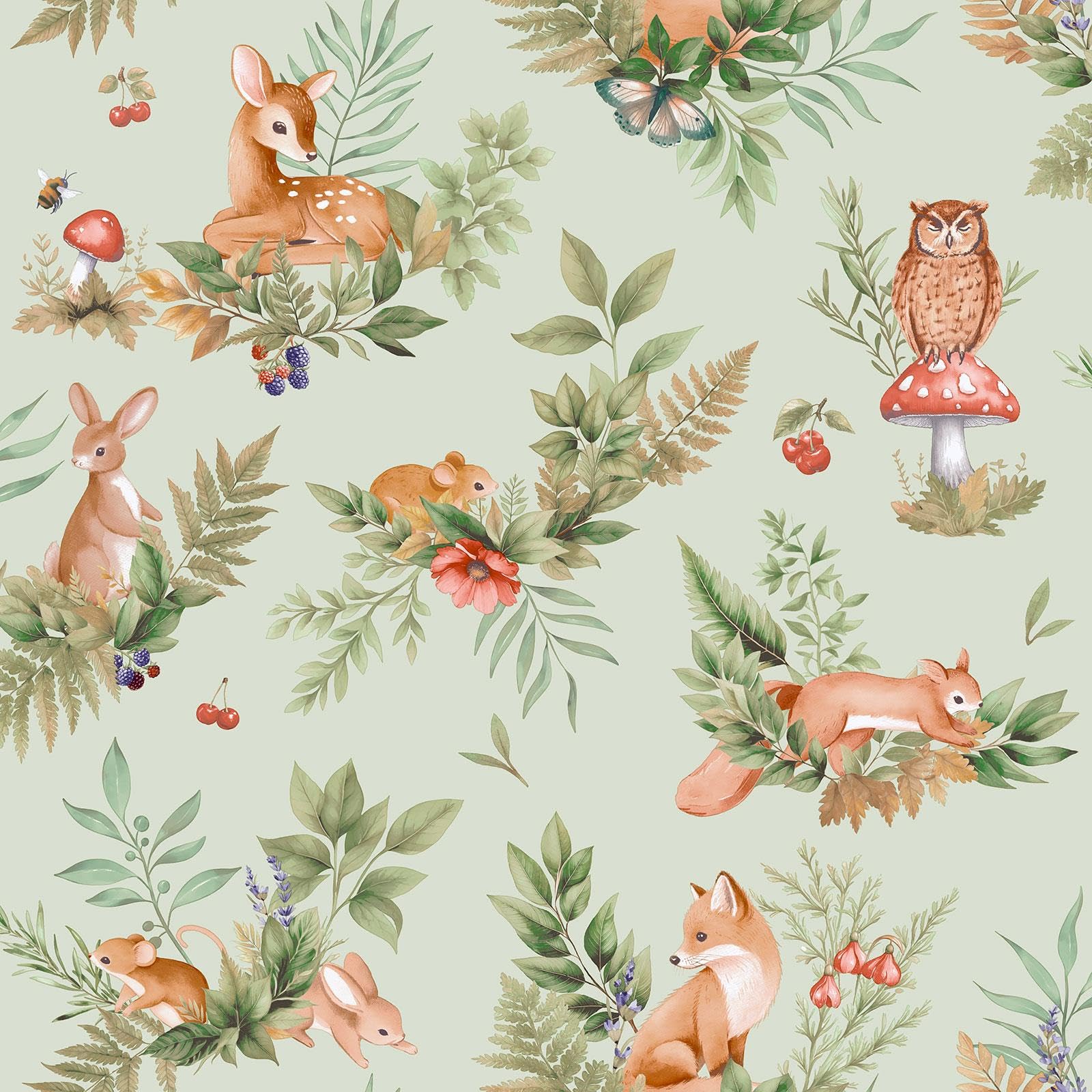 Holden Decor Sage Green Holden Storybook Woodland Themed Forest Friends Playful Animals Foxes Bunnies Owls Deers Wallpaper For Nurseries Children's Bedroom Playroom Wallcovering (14121)
