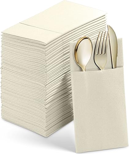 CHAMPAGNE - Servilletas desechables de lino con bolsillo integrado para cubiertos, paquete de 50 servilletas de papel preplegadas como servilletas