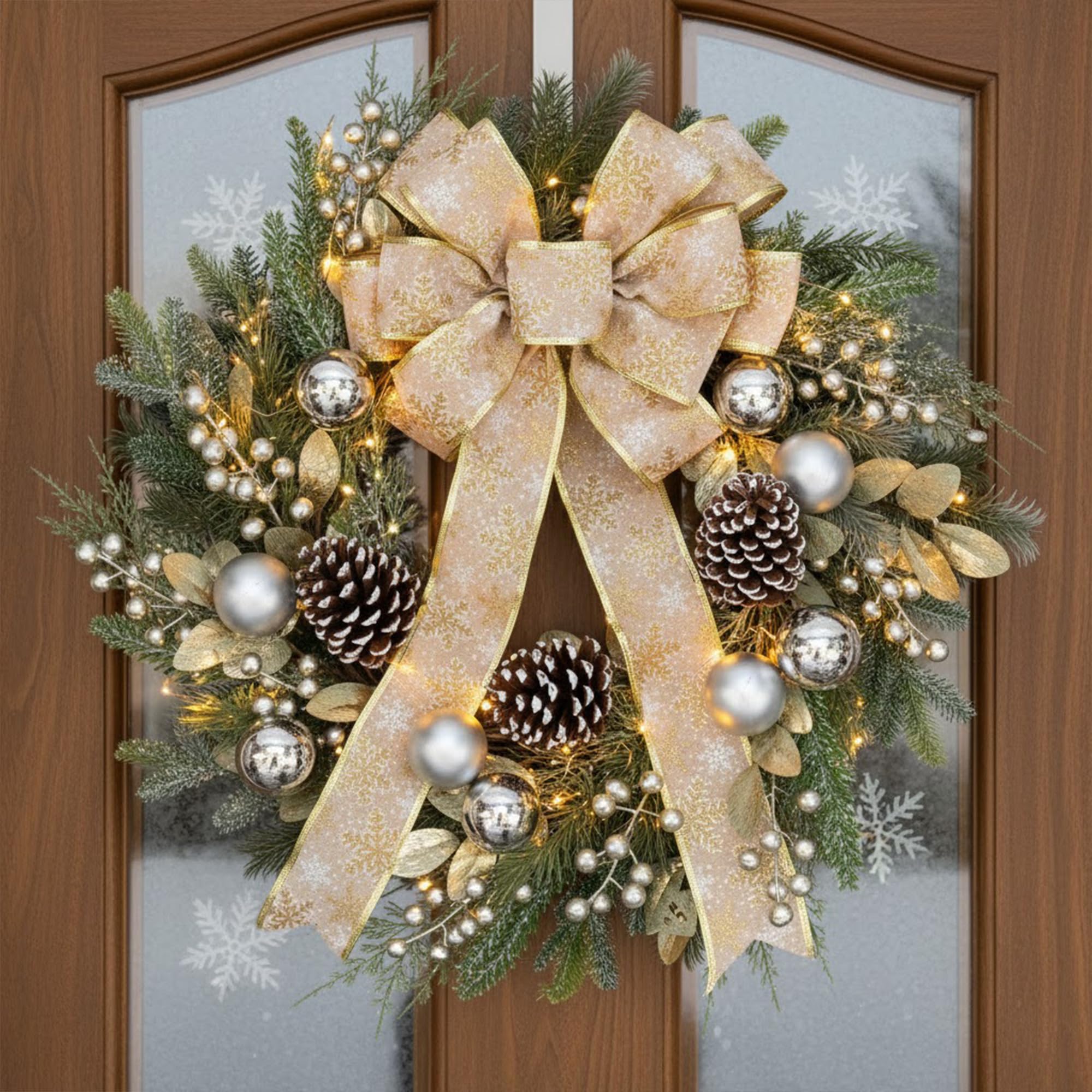 Couronne de Noël de 61 cm pour porte d'entrée avec lumières, nœud doré, couronne d'hiver, boules de Noël, pommes de pin, aiguilles de pin pour mur, maison, vacances, décoration de Noël
