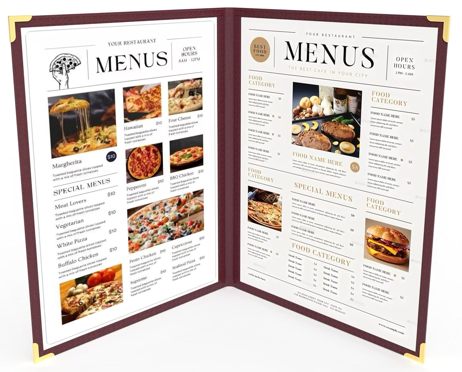 10 Pack Menu Covers 8.5" x 14" Legal Size 2-Page 2 Pockets 4 Views Double Panels Metal Corner Clear View Water Proof Restaurant Bar Café Drink Wine Baking Kids DIY (Oxblood-Gold)
