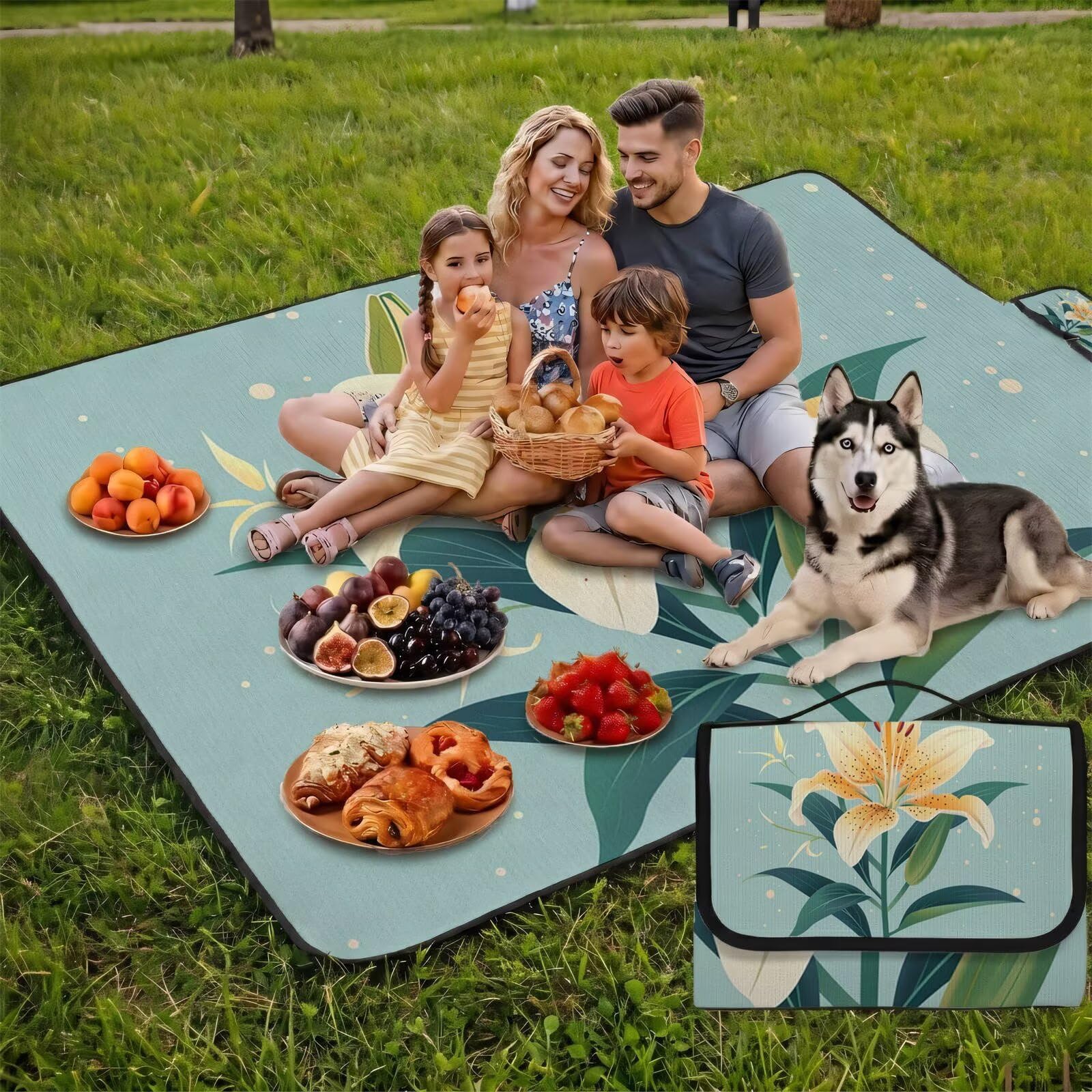Couverture Pique Nique Grande 200x300cm,Outdoor Couverture Imperméable,Pliable Tapis de Plage Dos en PVC,Picnic Blanket pour Camping Accessoires,Jardin,Parc,Famille - Couleur œuf de Canard,lys UZ-301