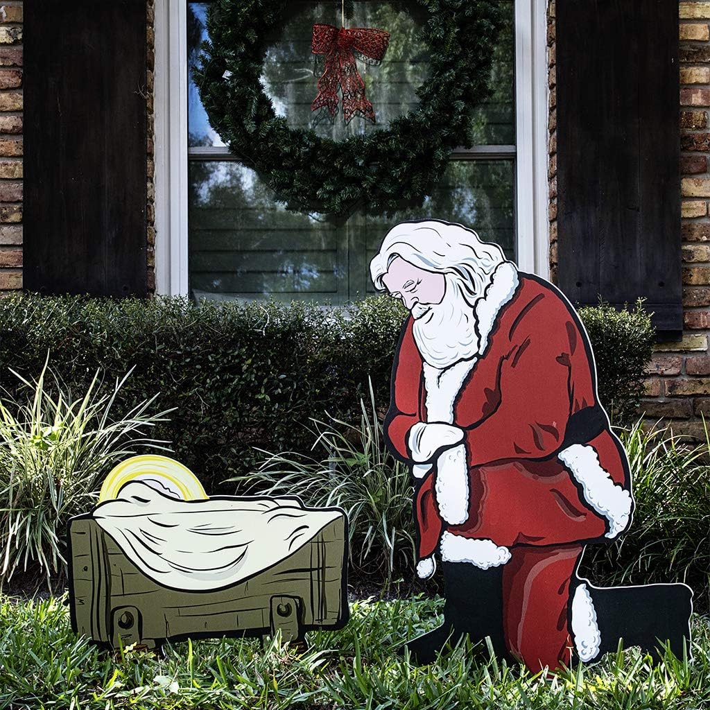 Kneeling Santa Outdoor Nativity Set | Weatherproof Santa Nativity Scene for Yards. Made in USA, Durable Materials, Simple Assembly, Compact Storage. Solid Plastic.