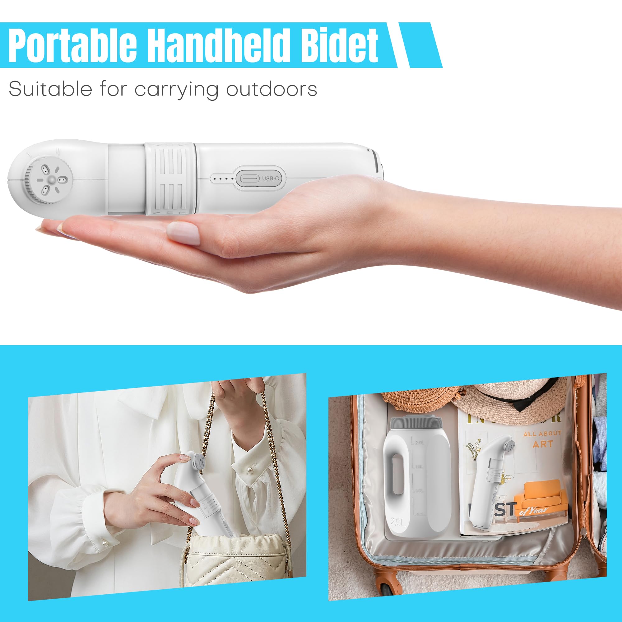 Pulvérisateur de Bidet Portable pour Salle de Bain, Bidet Portable Électrique de Voyage, Hygiene des Parties Intimes avec Réservoir 2,5 L pour Voiture, Salle de Bain, Toilette, Camping, Noir