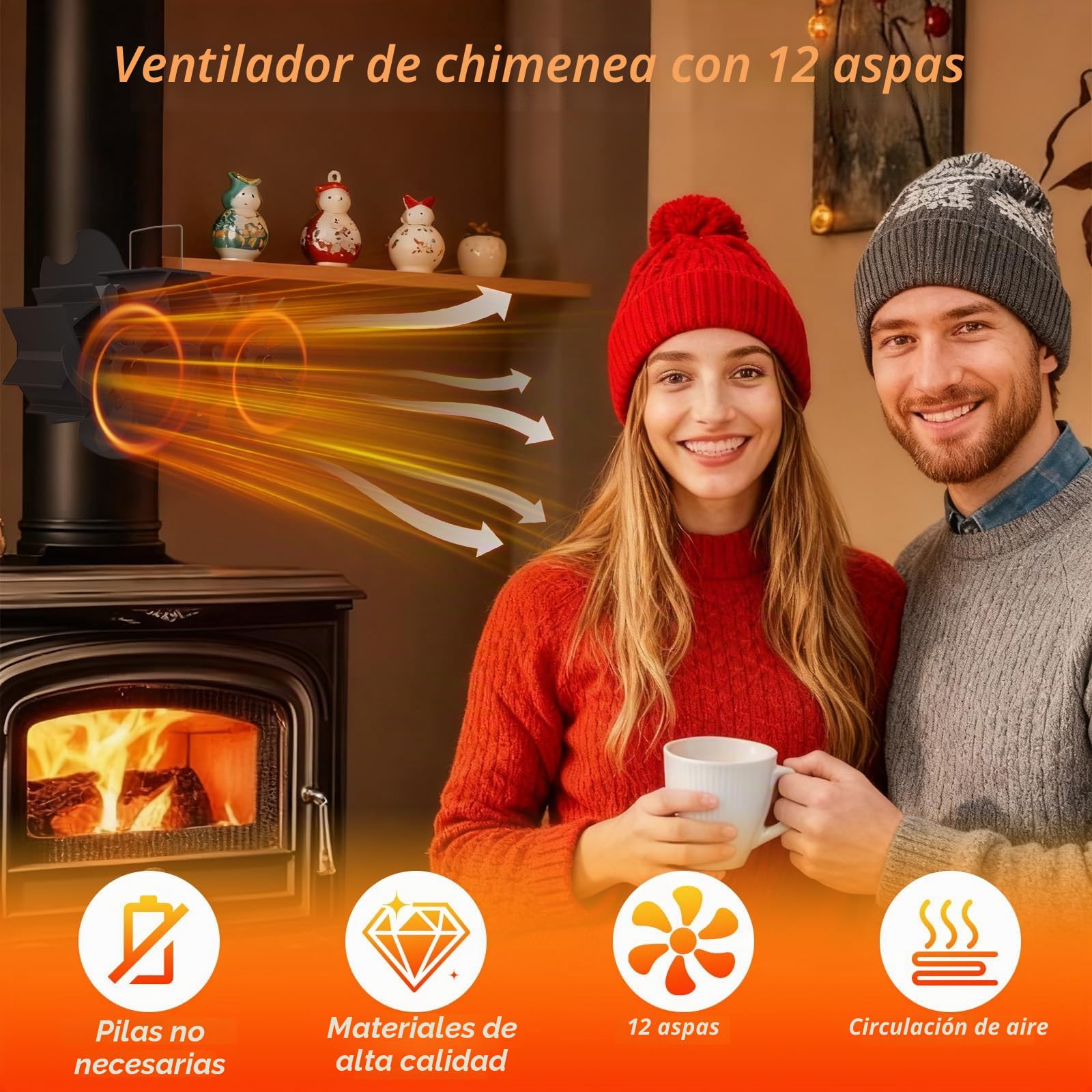 Ventilador magnético de doble cabeza para estufa con 12 aspas accionado térmicamente sin fuente de alimentación con termómetro