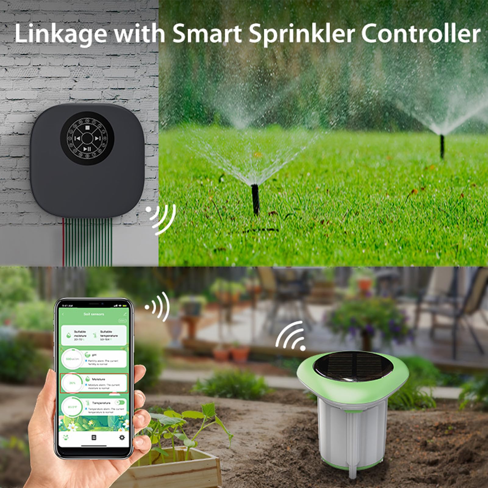 Buachois Sensor de Suelo Solar, Medición de Humedad Temperatura y Conductividad con WiFi y Bluetooth, Material ABS para Jardín Huerto Interior Exterior