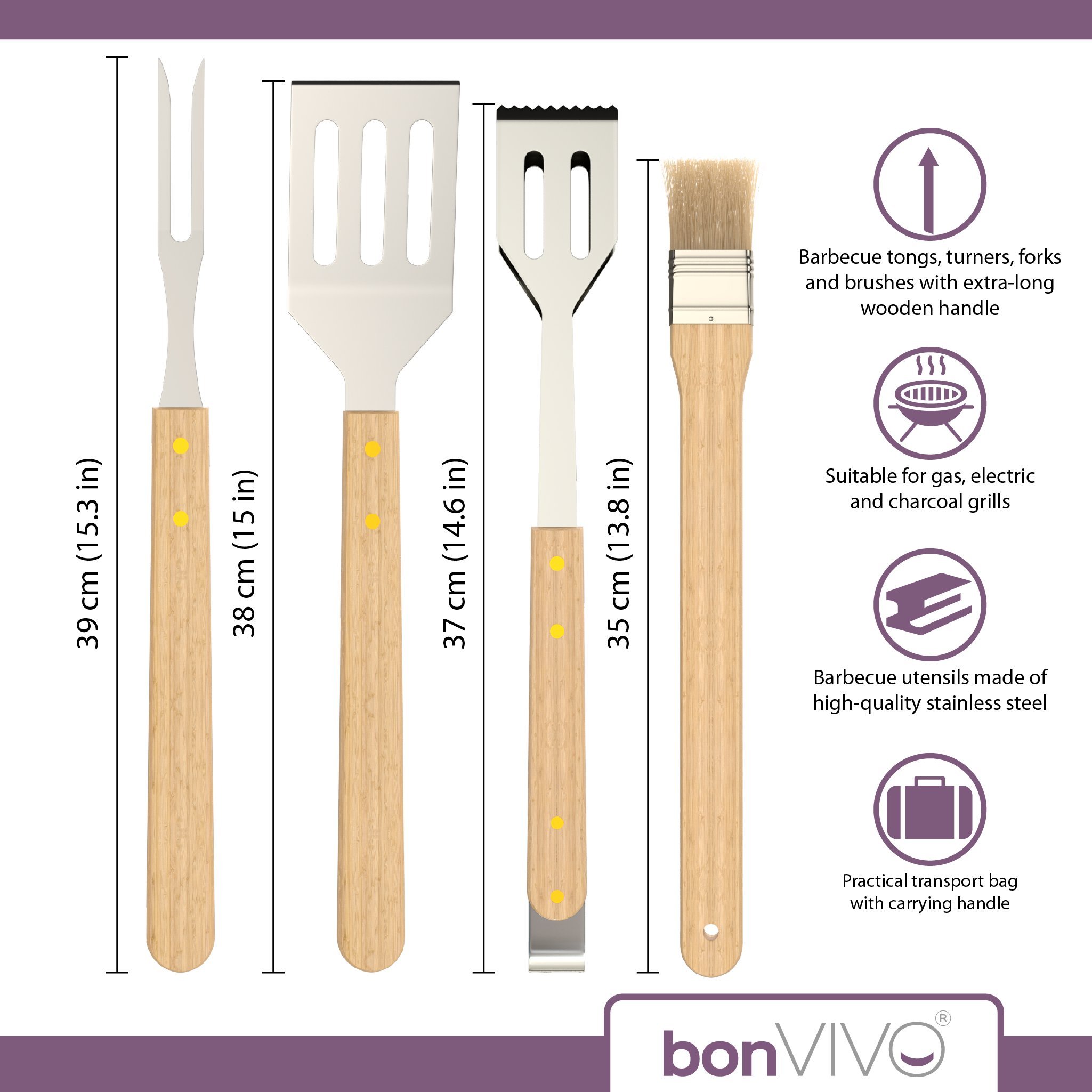 bonVIVO Ensemble Barbecue 5 Pièces, Accessoires BBQ INOX Longs Manches en Bois