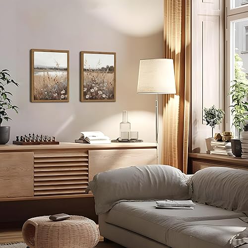 Miniatura 9 de Juego de 2 cuadros de arte de pared vintage con marco de madera, arte retro de granja, flores silvestres, cuadros artísticos, campos florales,