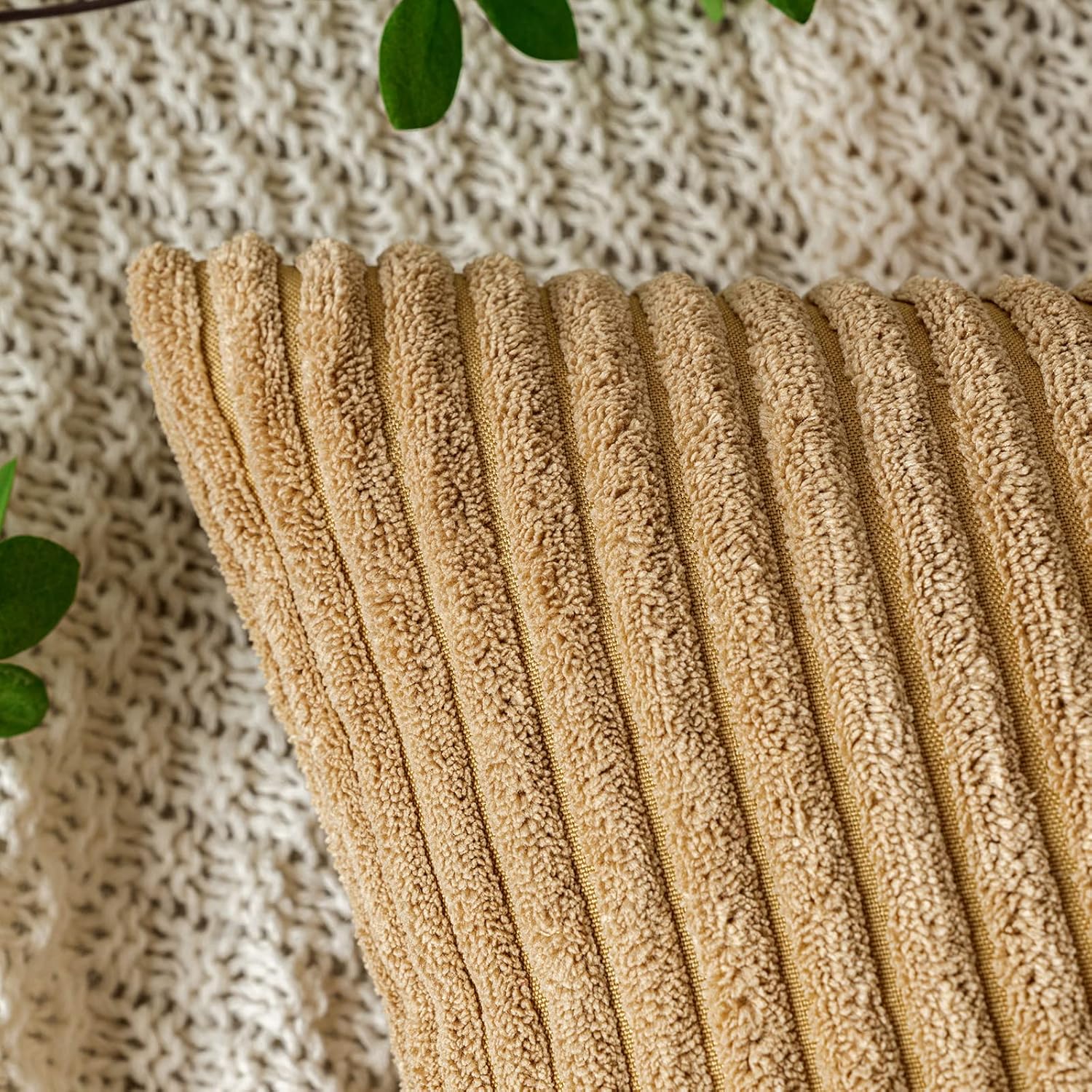 EMEMA Throw Pillow Covers Corduroy Decorative Soft Striped Square Cushion Covers Spring Pillowcases for Couch Sofa Bedroom Chair Car 18x18 Inch Pack of 2, Taupe