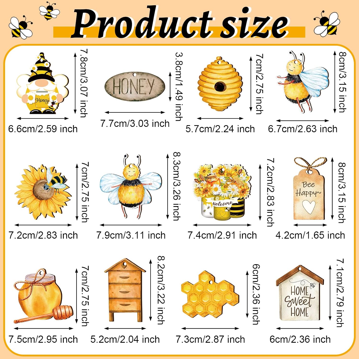 Karenhi 36 Pcs Bee Gnome Wooden Ornament Yellow Honeybee Gnome with Hat Hanging Decor Summer Tree Ornaments with String Bee Themed Party Favors for Baby Shower Birthday Party(36 Pcs,Novelty Style)