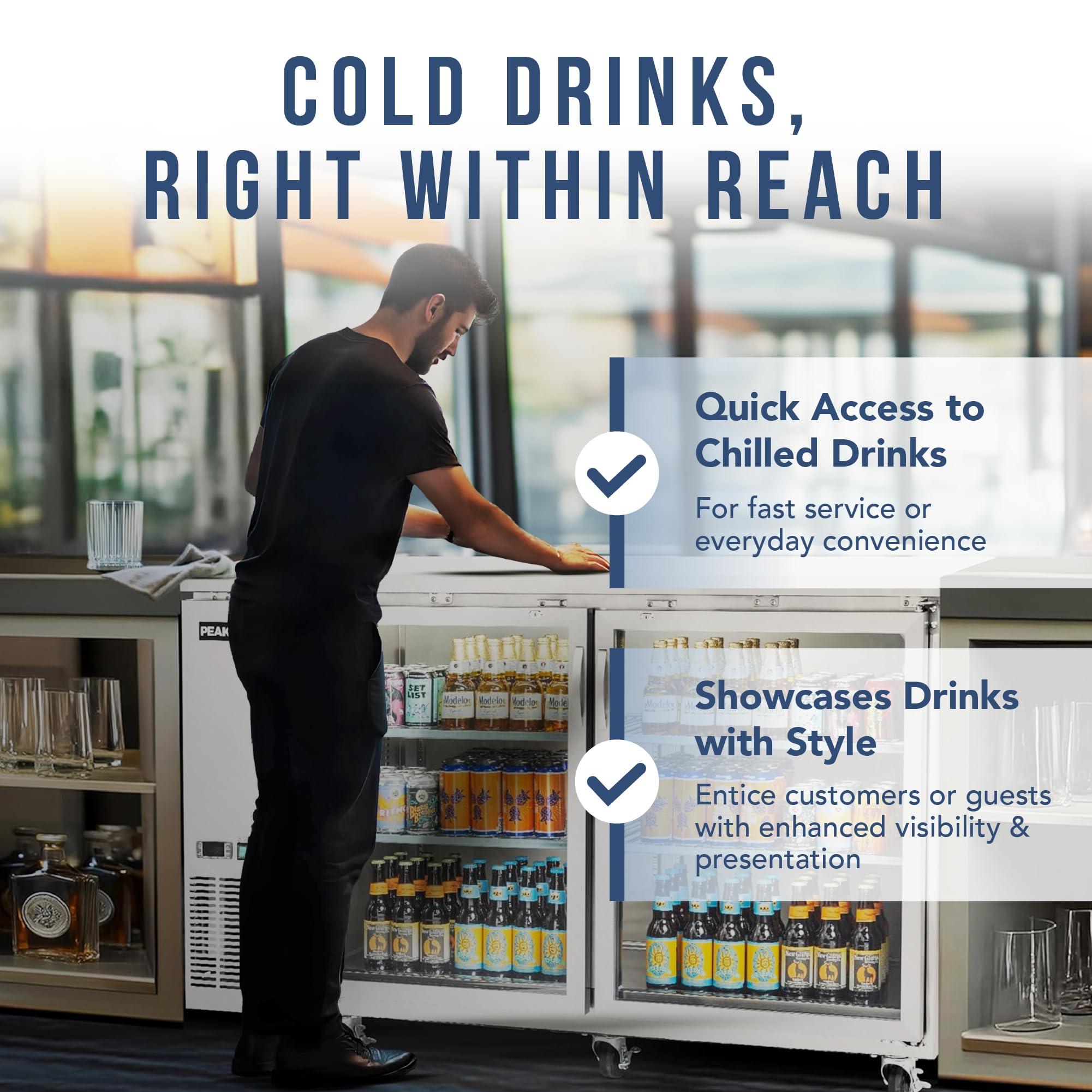Peakcold 2-Door Counter Height Beverage Refrigerator - 61" Wide Energy Efficient Stainless Steel Beer Fridge With Glass Doors & White LED Lighting - Commercial Back Bar Cooler on Fridge.com - View 3