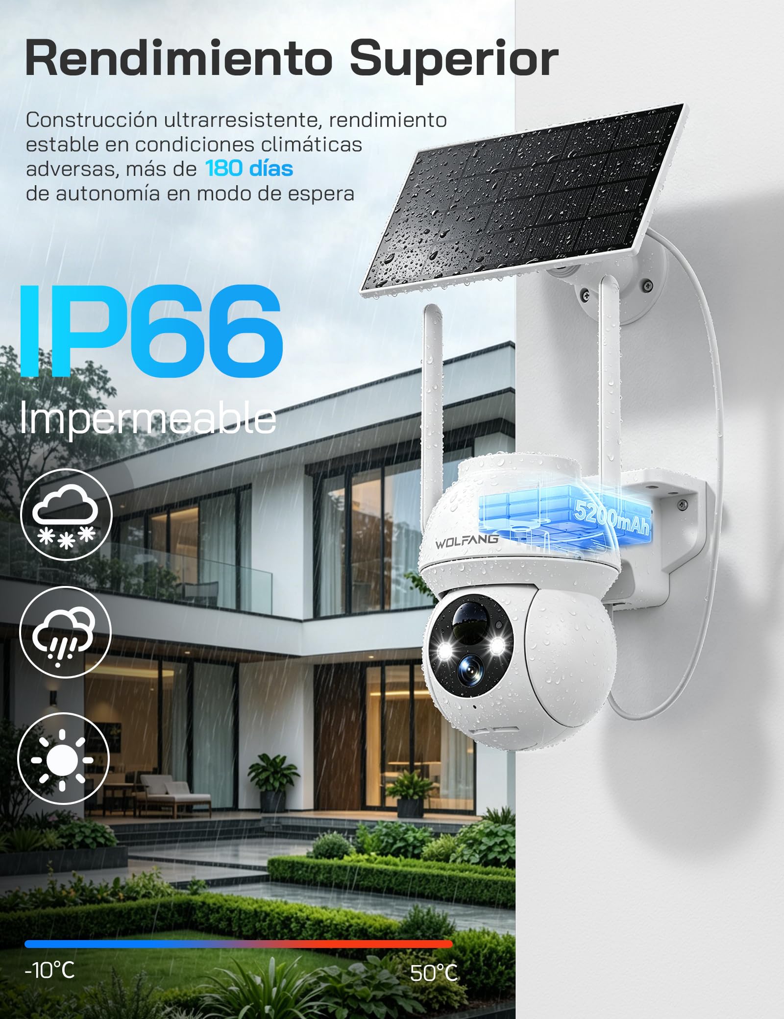 WOLFANG Cámara de Seguridad Solar 1080P para Exteriores, cámara WiFi PTZ de 360° (Solo 2.4G), detección de Movimiento PIR, visión Nocturna a Color, Audio bidireccional, IP65, Funciona con Alexa y