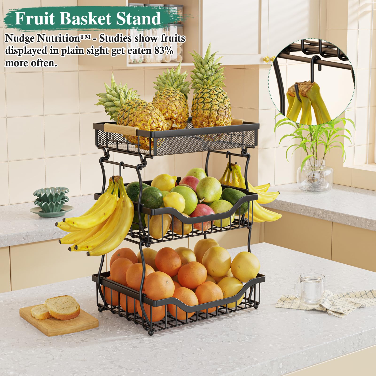 3 Tier Metal Fruit Basket Organizer - Countertop Storage For Fruits, Vegetables, Bread, Snacks, Space Saving Kitchen Counter Stand, Black - View #2