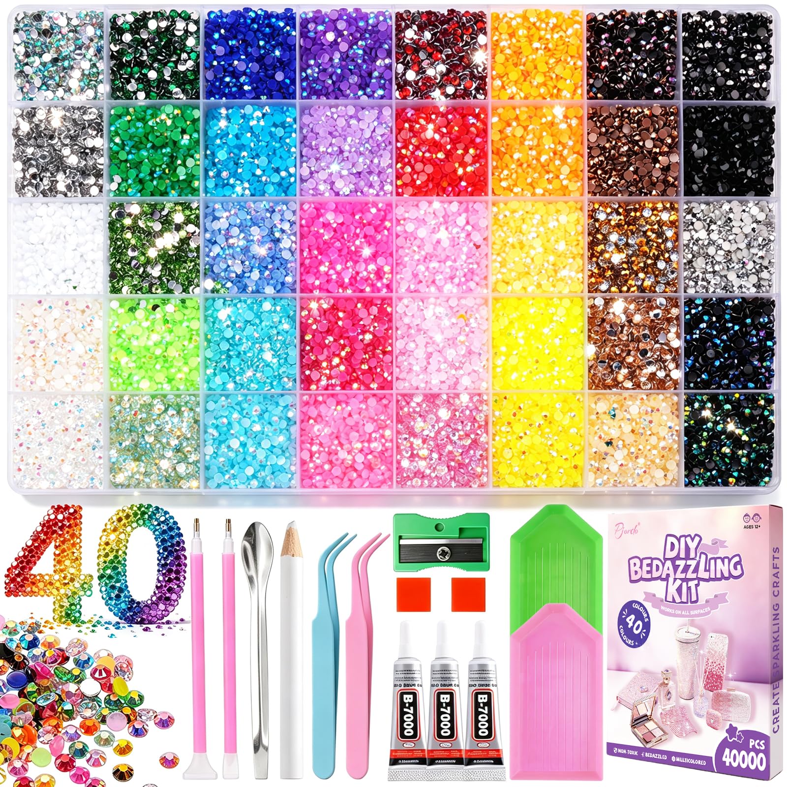 Pjordo 40 Colours Bedazzling Kit, 40000Pcs 3mm Jelly AB Resin Rhinestones