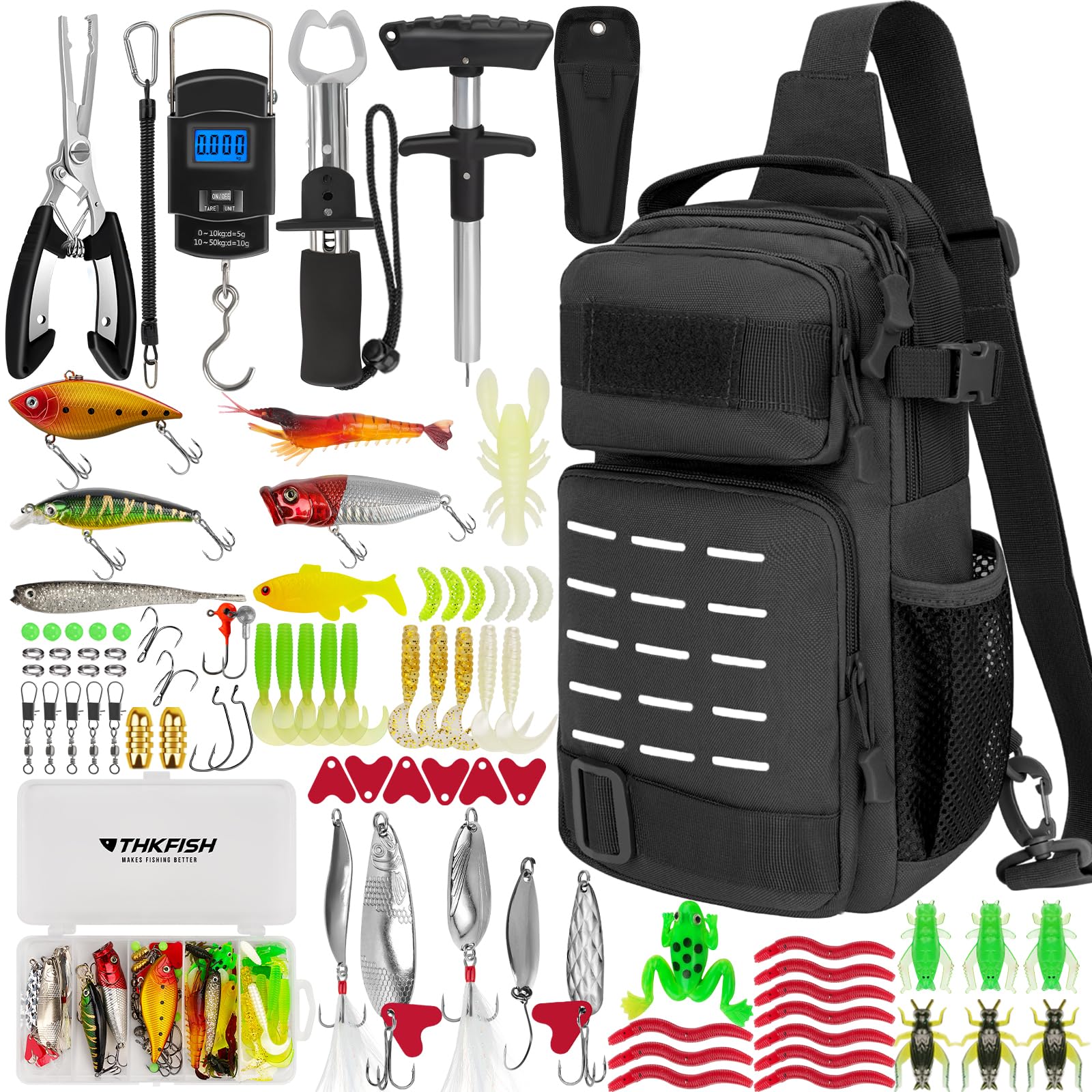 THKFISH Kit d'outils de pêche 85 pièces, sac à dos de pêche avec boîtes de pêche incluses, kit de matériel de pêche comprenant un kit d'appât de pêche, une pince de pêche, un extracteur d'hameçon, une