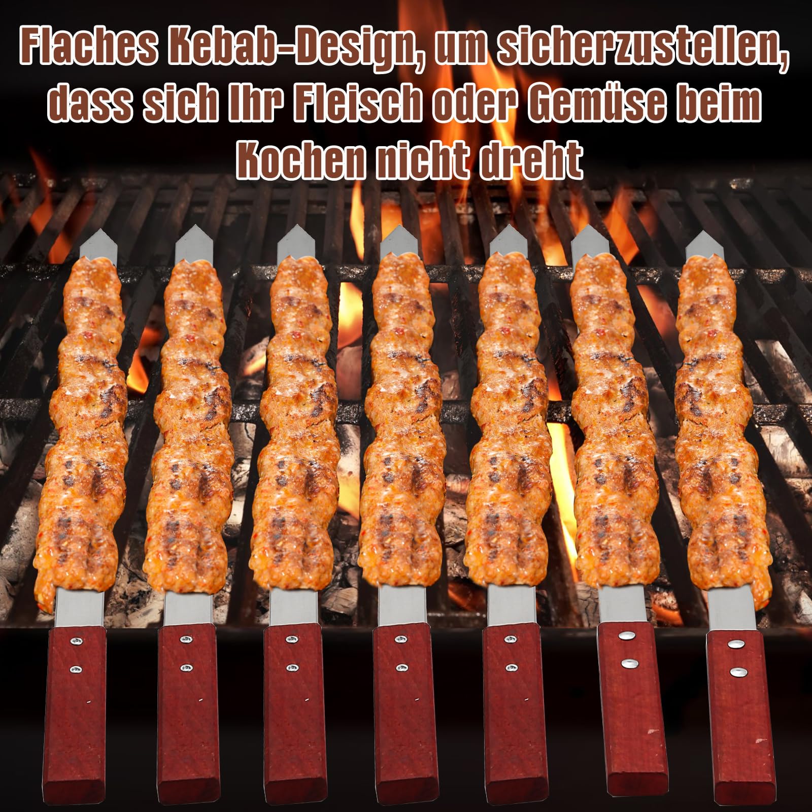 10 Stücke Flache Grillspießen Edelstahl mit Holzgriffen，60cm Schaschlikspieße Wiederverwendbar, Adana Kebab Spieße Grillzubehör für Grillbesteck