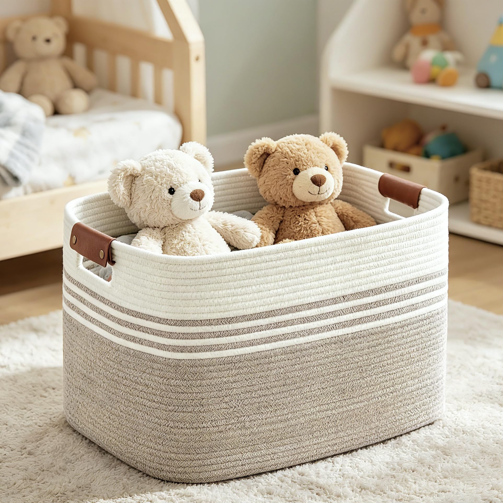 NIULAA 60L Cotton Rope Laundry Basket With Leather Handles