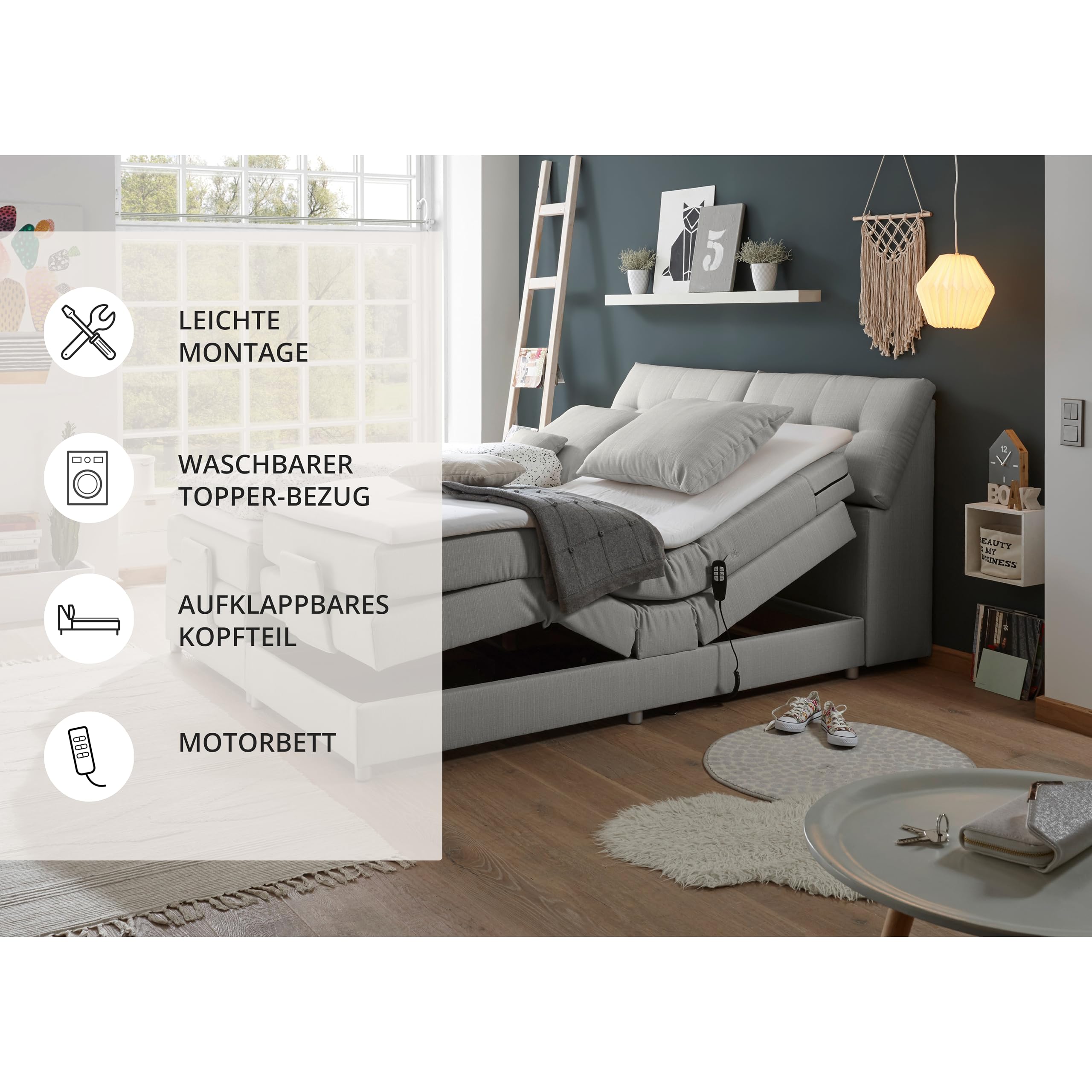 CARPINO Boxspringbett 180x200 elektrisch verstellbar, Silber - Bequemes Doppelbett mit dekorativer Steppung & Komfortschaum Topper - 180 x 110 x 234 cm (B/H/T)