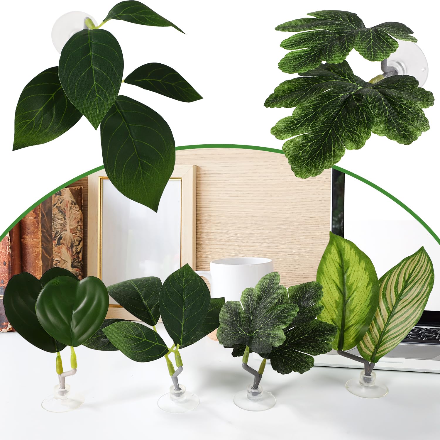 Lyreh 4pcs Feuilles Betta, 4 Styles Feuille Repos Betta avec Ventouse Accessoires Décoration Aquarium pour Simuler Les Habitats Naturels(Vert)