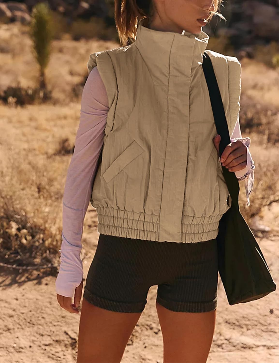 Cropped Puffer Vest for Women Winter Button Down Sleeveless Light Jacket Stand Collar Gilet with Pockets - Image 2