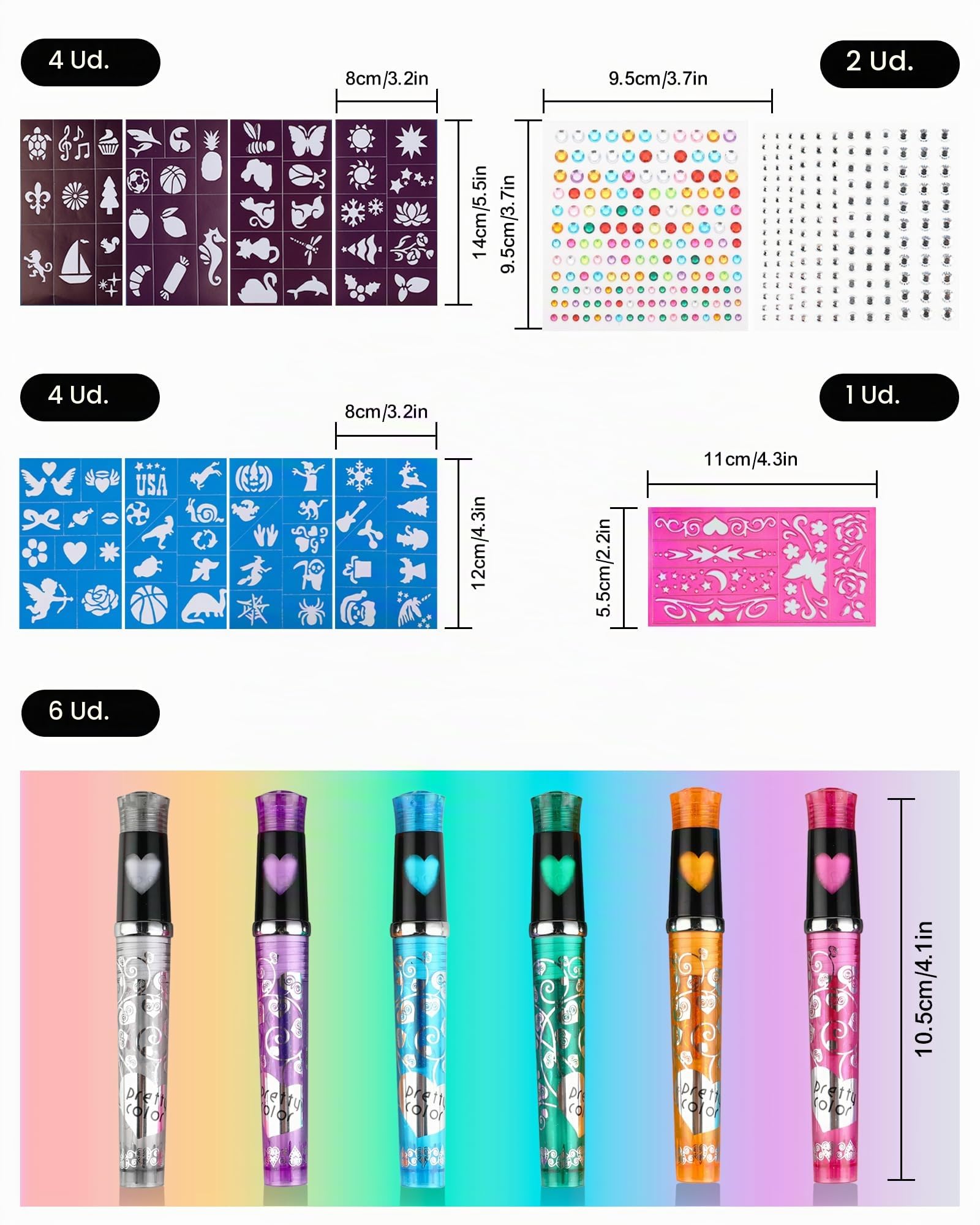 Kit De Rotuladores De Tatuajes Temporales Con Purpurina – 6 Colores, 9 Plantillas Y 86 Diseños – Regalo De Fiestas Y Carnaval Para Niñas