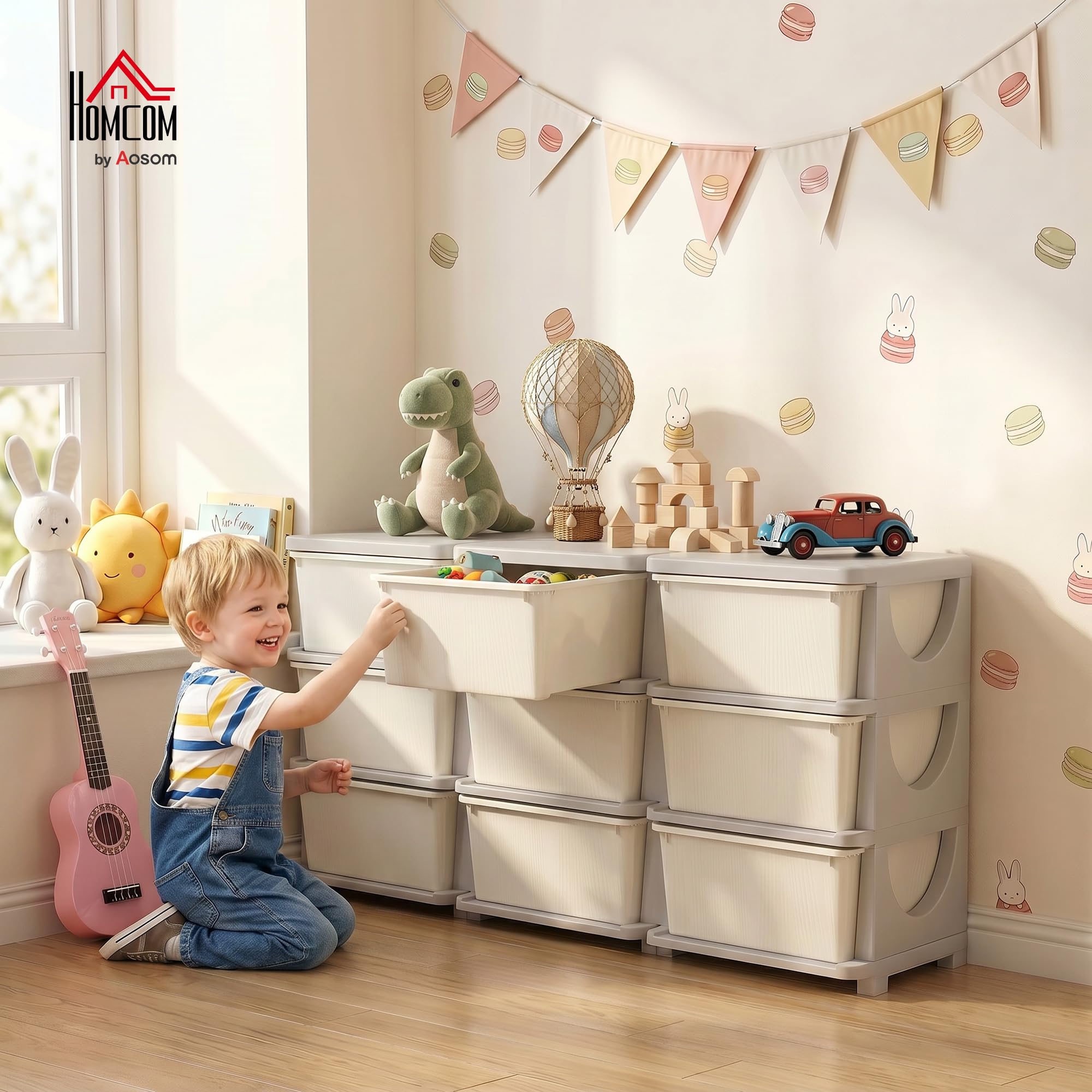 HOMCOM Meuble de rangement en plastique à 9 tiroirs, meuble de rangement pour enfants à 3 niveaux, coffre à jouets pour enfants pour la chambre d'enfants, la salle de jeu, la chambre à coucher, crème