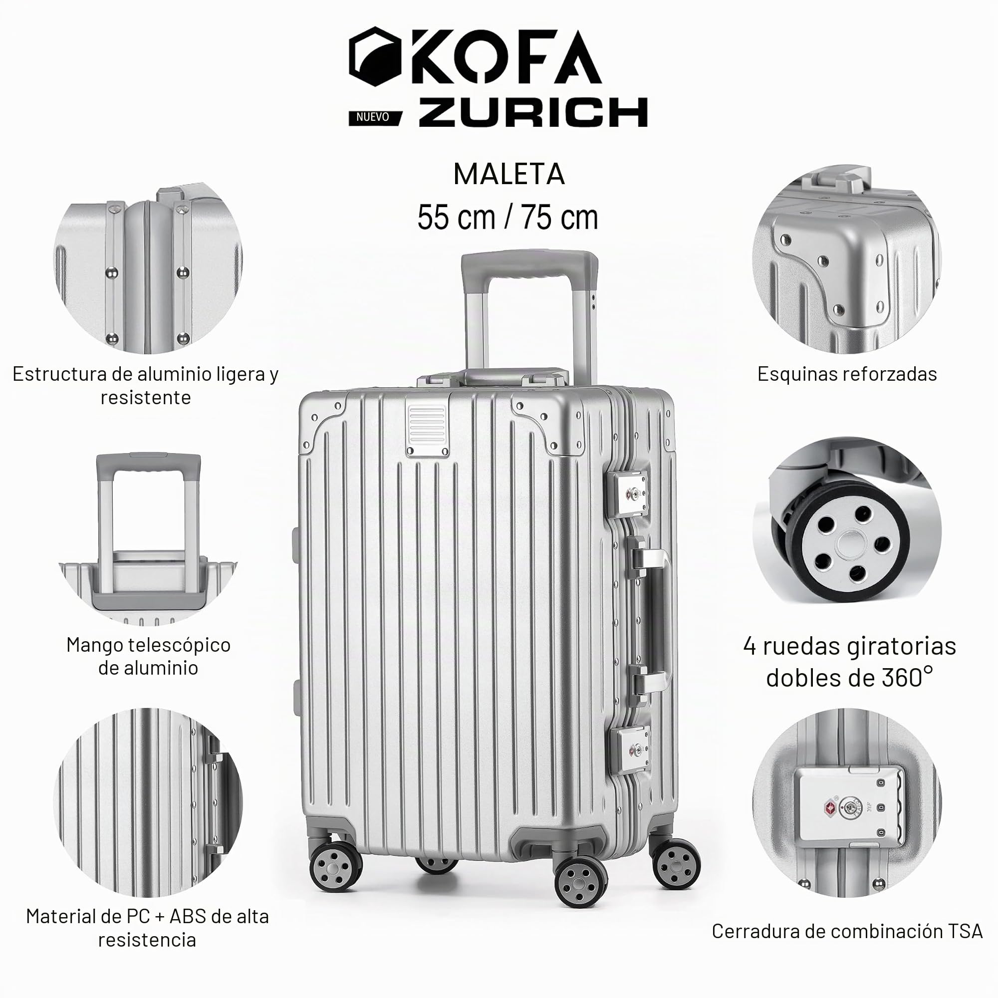 KOFA Zurich - Juego de maletas (2 piezas, M-55 cm y XL-75 cm, marco de aluminio, carcasa rígida, maleta de check-in, maleta de viaje, spinner con 4 ruedas y doble cierre TSA de 35 L + 94 L), plata,
