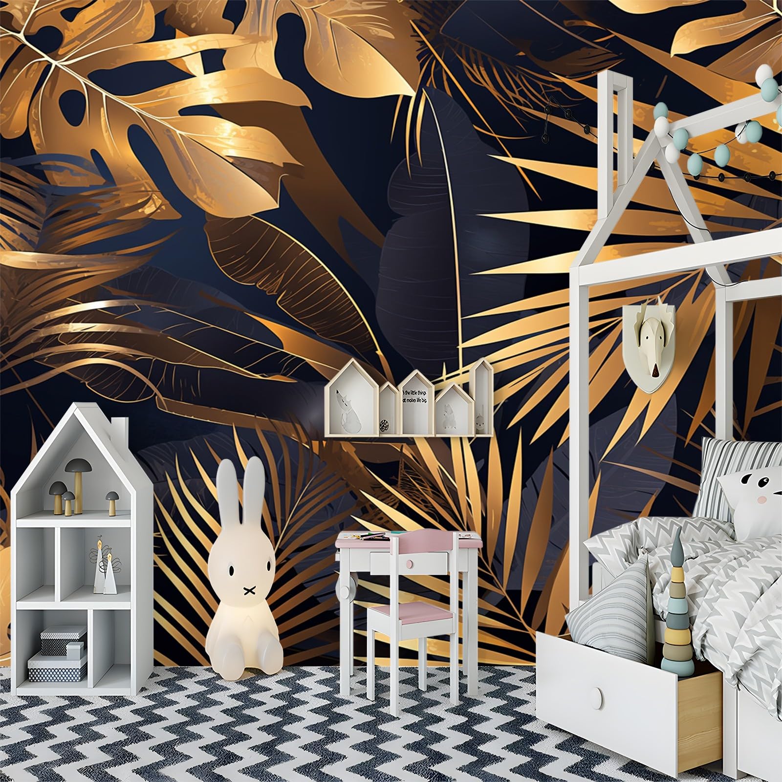 carta da parati Foglie di palma in oro nero cameretta rivestimento parete adesivi per mobili bambini wallpaper for living room bedroom tappezzeria rotoli di adesiva muro fotomurale camera letto