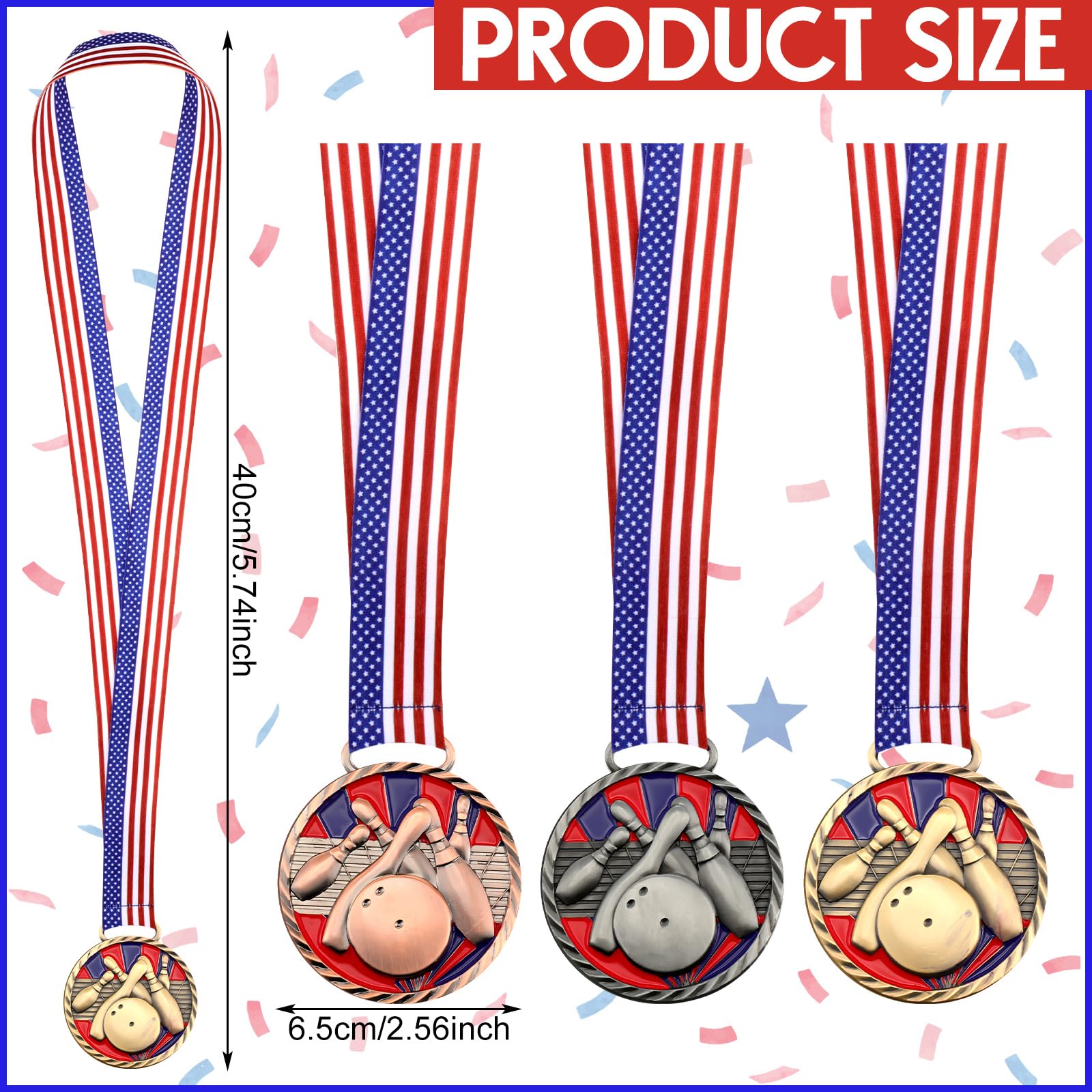 Huquary 3 medallas de bolos de 2.5 pulgadas, trofeo de bolos de oro, plata, bronce, medallas de premio con estrellas y rayas, cinta de bandera estadounidense para competiciones, torneo de recuerdo de
