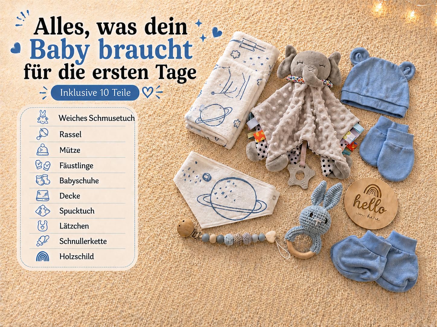 Windeltorte Baby Geschenkset – Neugeborenen Geschenkbox mit Schmusetuch, Rassel, Schnullerkette, Decke & Lätzchen – Geburtsgeschenk für Mädchen & Junge