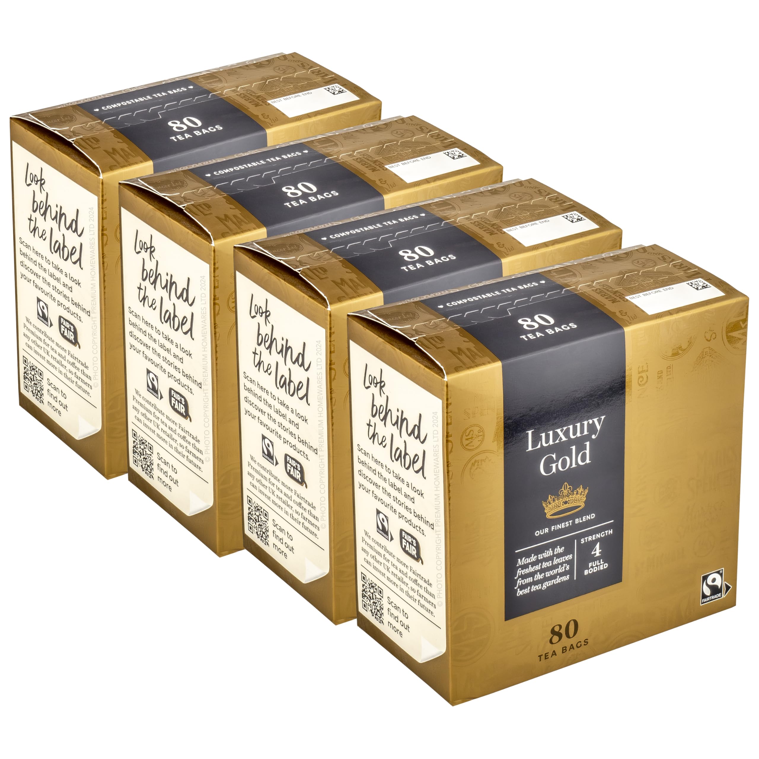 Set of 320 Luxury Gold Tea Bags, 320 Teabags (4 x 80pk), Full Bodied Blend, Strength 4, Compostable, 500g