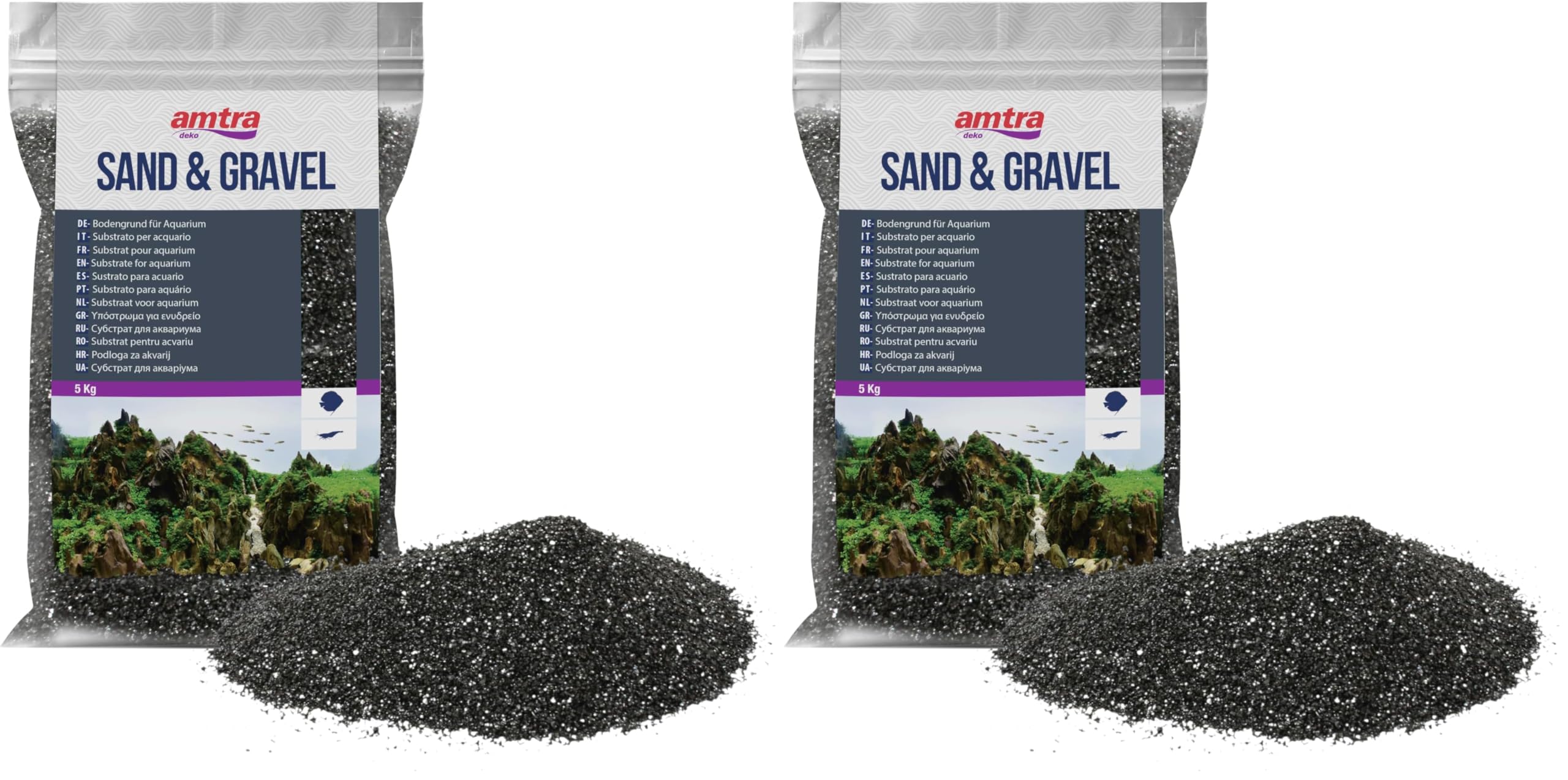 Amtra Sabbia Nera Fine - Sabbia per acquario,fondale per acquario acqua dolce e marina, naturale, atossico, 0,3-0,9 MM - 5 KG (Confezione da 2)