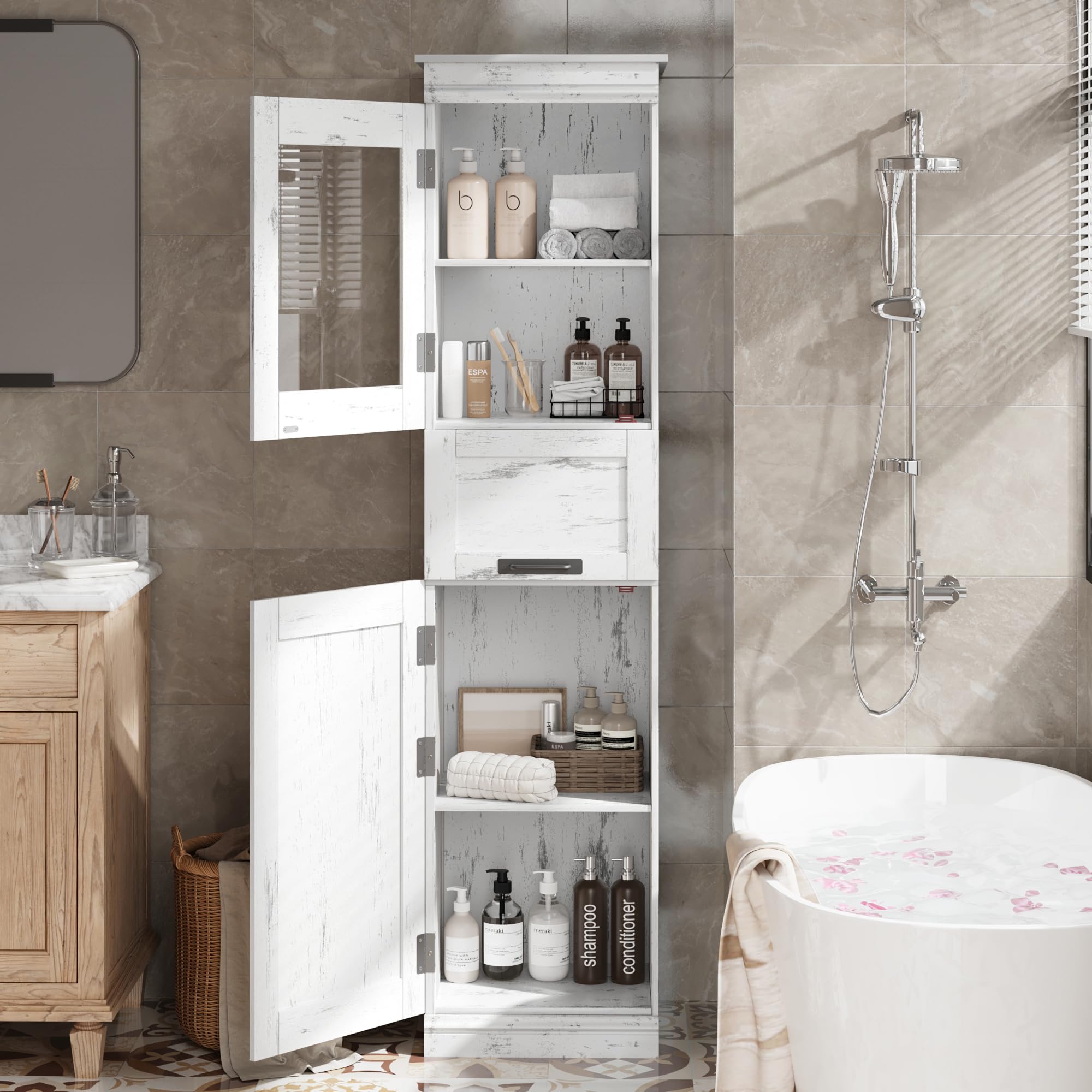 IDEALHOUSE Tall Bathroom Cabinet, Narrow Storage Cabinet with Doors and Adjustable Shelf, Freestanding Linen Slim Cabinet for Laundry Room, Kitchen, Living Room, Small Space, Retro White