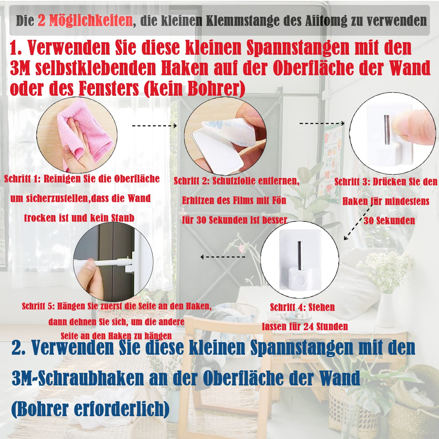 4 Aste Per Tende Estensibili Regolabili 15,7-27,5 Pollici Con 10 Ganci Autoadesivi - Per Casa, Bagno, Hotel - Foto 7