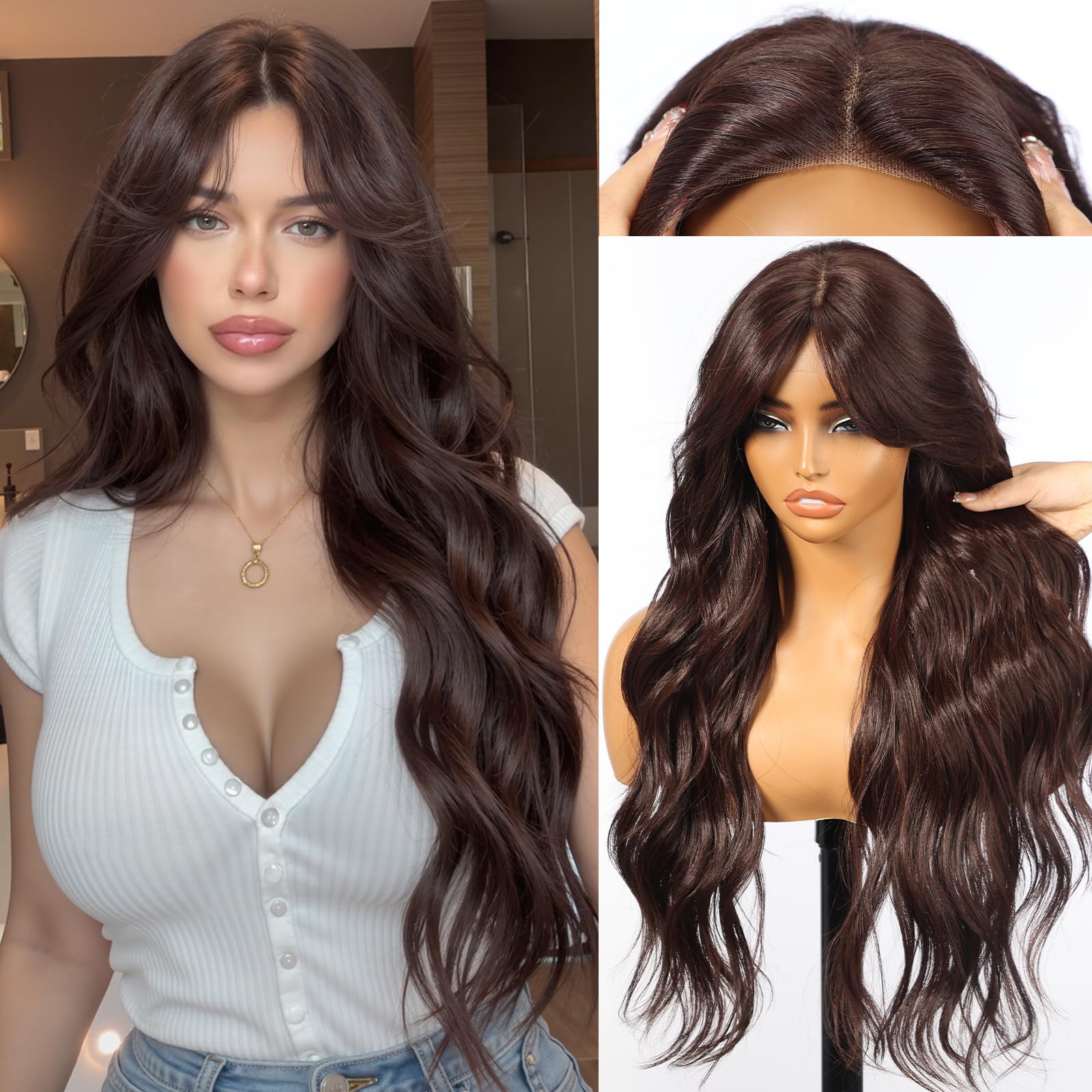 Photo 1 of KOME Brown Synthetic Lace Front Wig,Beginner Friendly Wigs T Part Glueless Long Curly Wavy Wigs With Bangs for Women Cosplay Daily Use 28IN(#233)