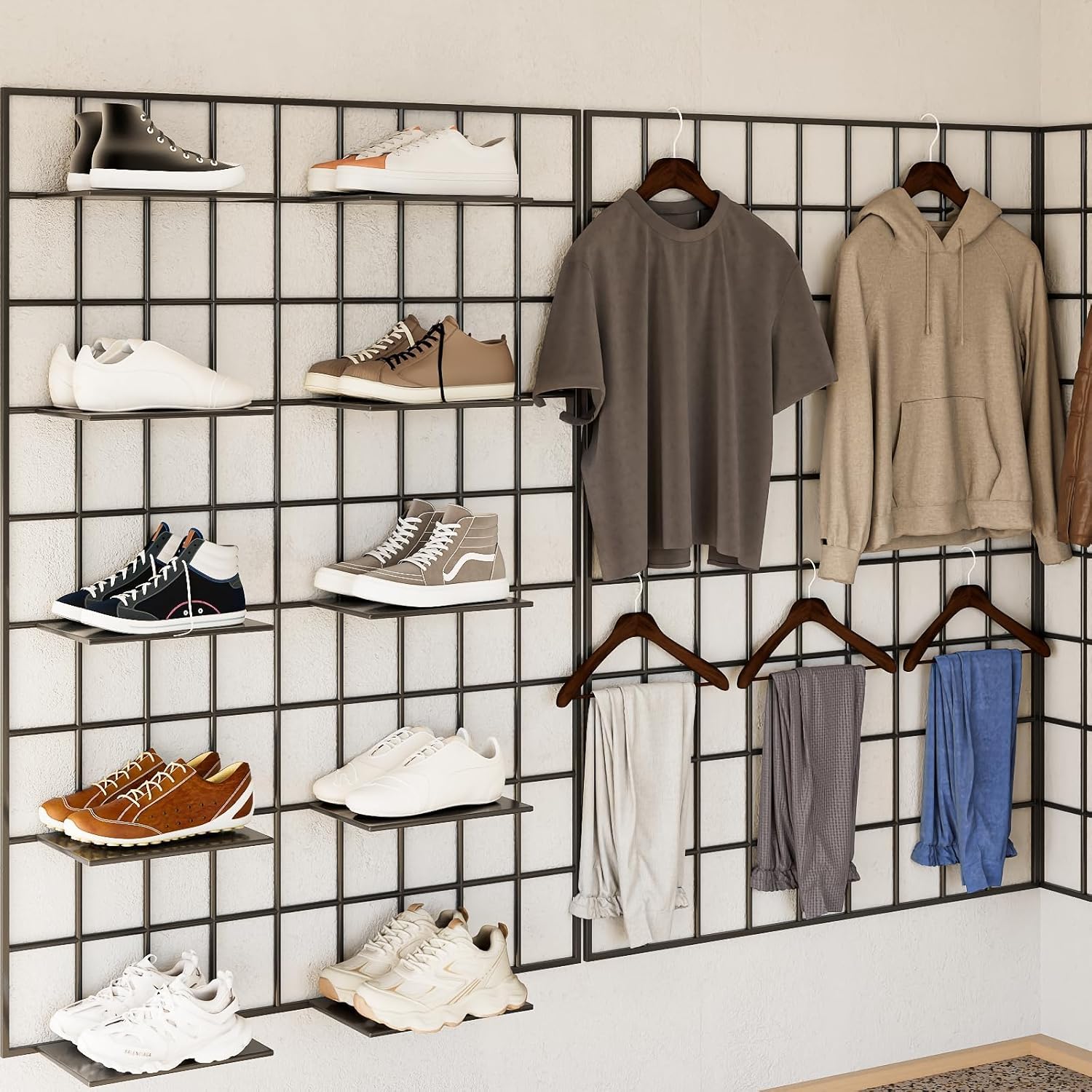 4 Pcs Heavy Duty Metal Grid Wall Panels -2'W x 4'H Commercial Grade Standing Wire Grid for Retail Display, Closet, Garage Organization (Black)