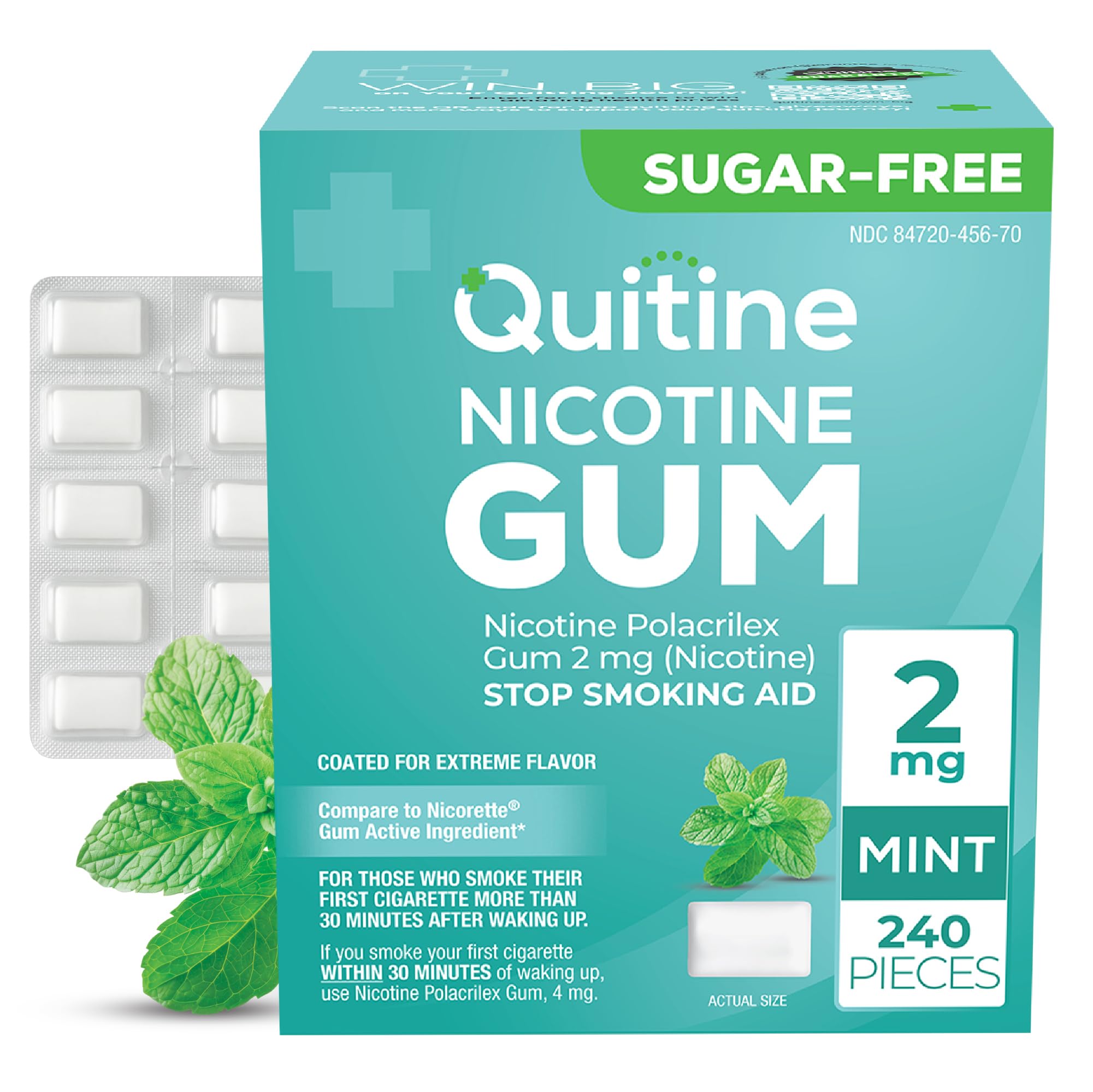 Quitine Nicotine Gum 2mg, Mint Flavor, Stop Smoking Aid – Relieve Nicotine Cravings with Effective, Affordable NRT | Long-Lasting Flavor, 240 Count, Traditional Gum to Support Your Quit Journey