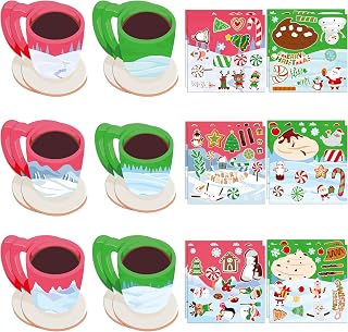 CY2SIDE 12 Set Christmas Hot Cocoa Cup Scene Sticker Art Craft for Kids, Make A Cocoa Cup Scene with Candy Sticker, DIY Xmas Party Games for School Classroom Activities