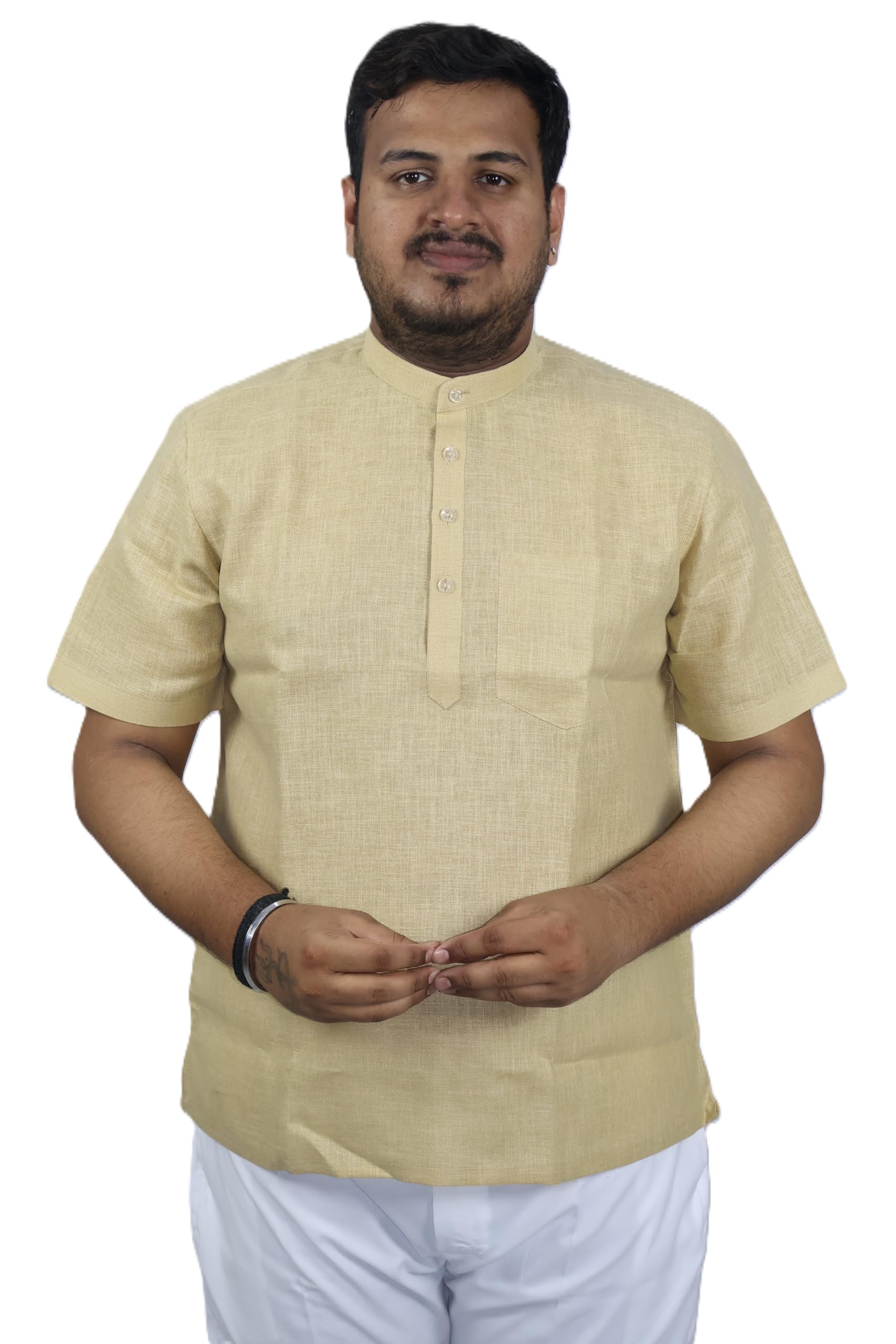 Men's Short Kurta, Khakhi, Mandarin Collar, Short Sleeve, Casual Ethnic Wear, Sharplinen HS-picture-50