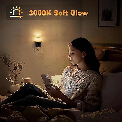Miniatura 5 de JandCase Luz nocturna sin llama, paquete de 2 luces nocturnas enchufables a la pared, 3000 K blanco suave, luz nocturna regulable de 0 a 100