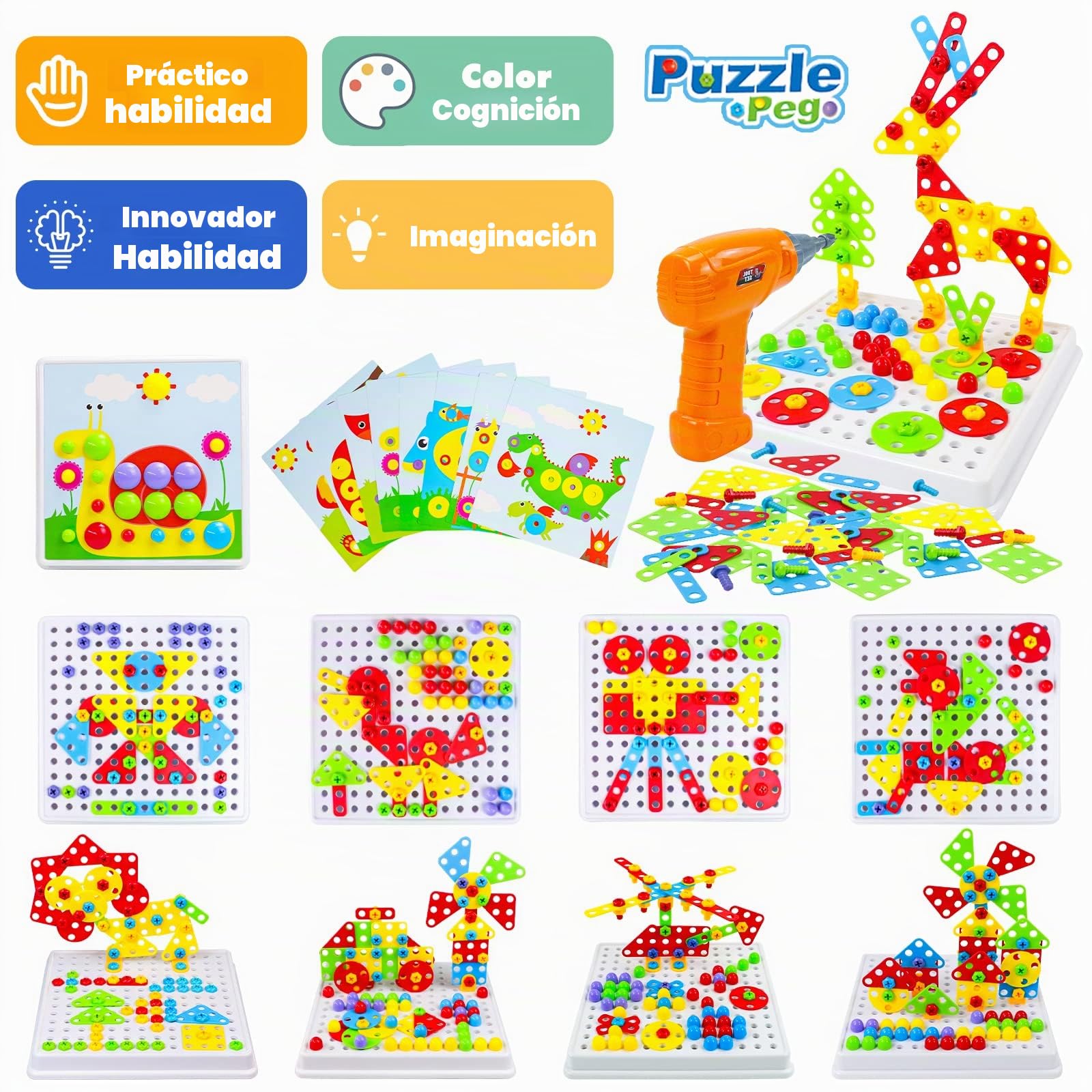 Juguetes Niños 3 Años Herramientas Juguete Puzzles 3D Construccion para Niños Manualidades Niño con Taladro Eléctrico Mosaicos Juegos Educativos Niño 3 4 5 6 Años Regalos Juegos de Mesa, 223 Pcs
