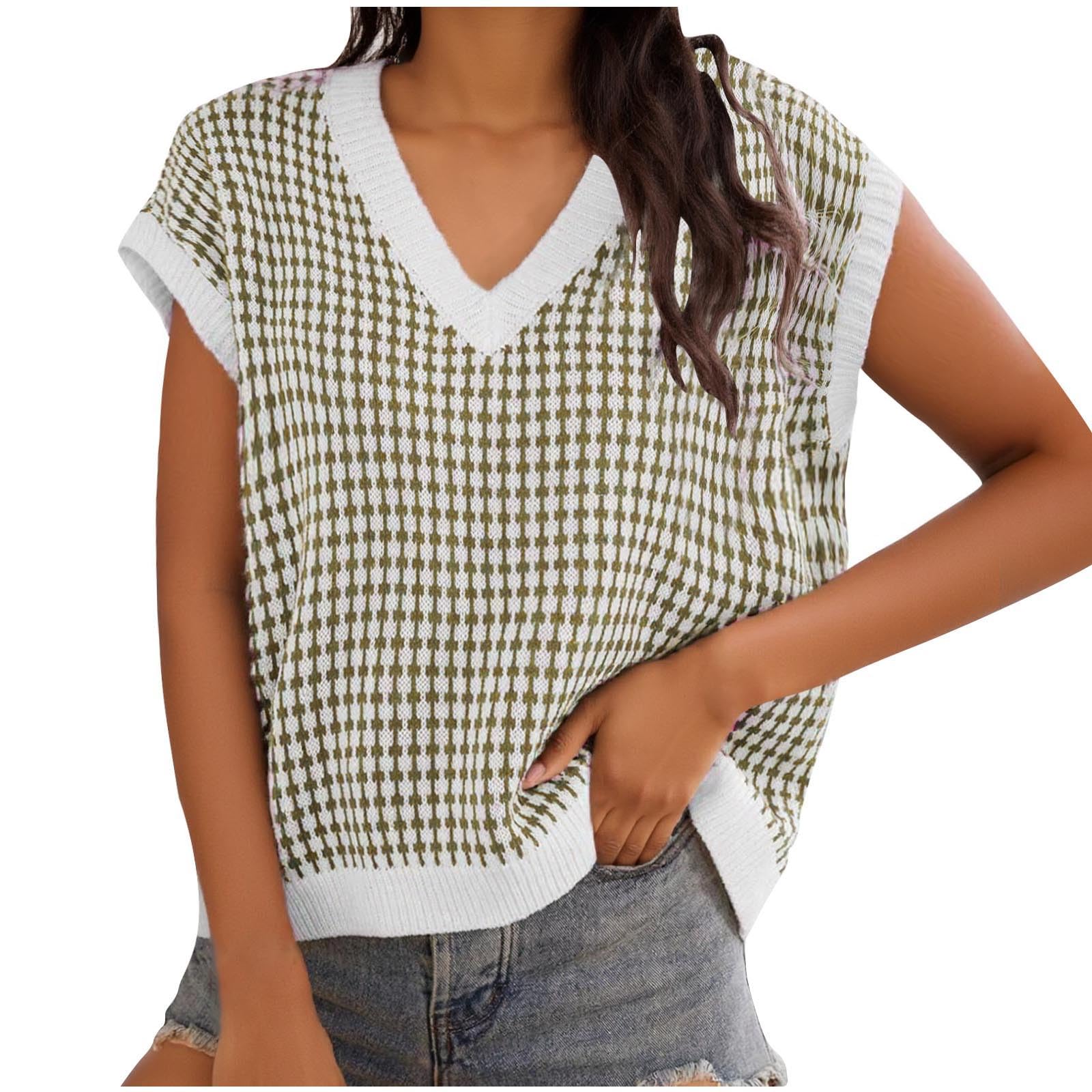 Womens V Neck Sweater Vest Oversized Ribbed Knit Sleeveless Casual Loose Fit Pullover Tank Top Clothes Fashion