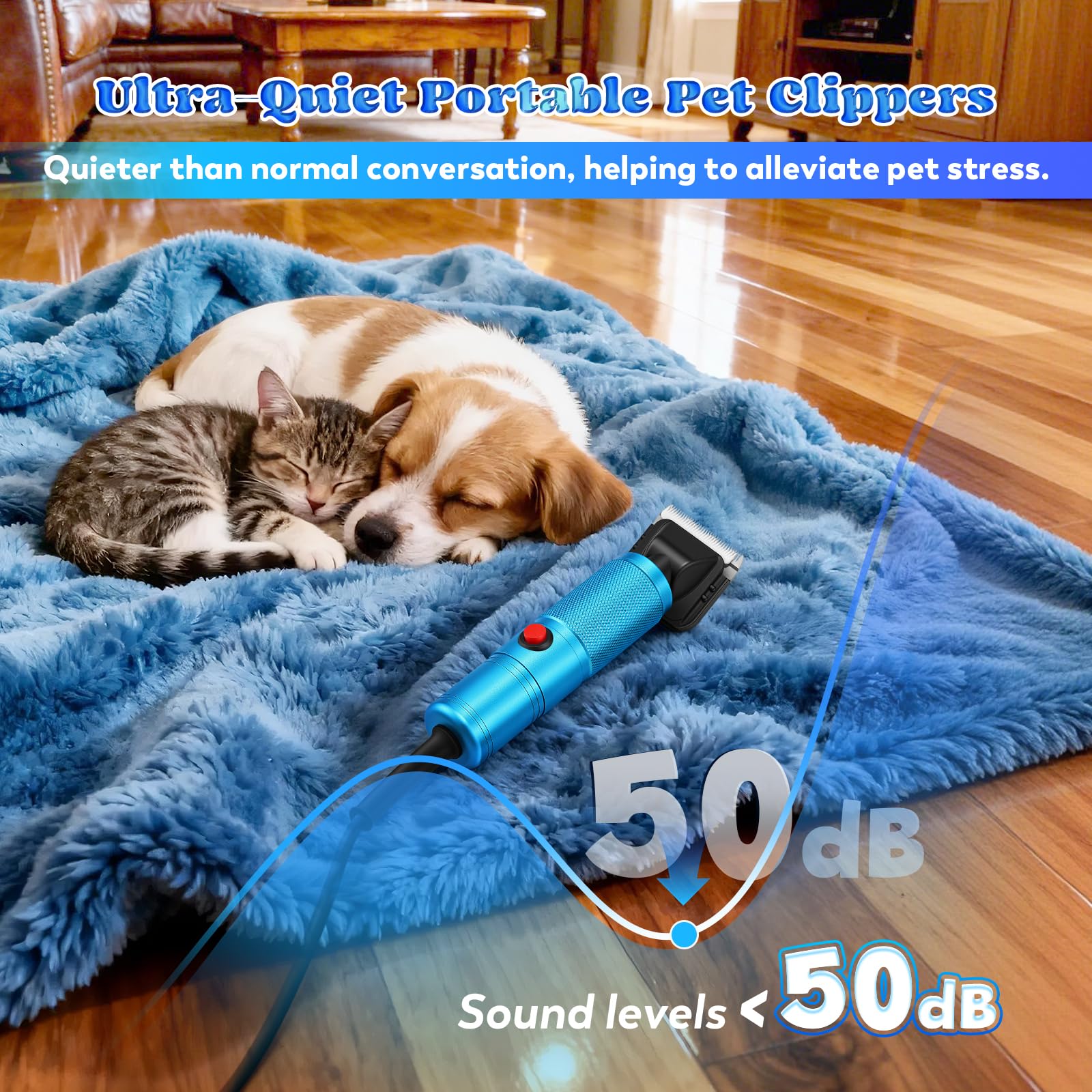 Moongiantgo Tosatrice per Cani Professionale da 300W, Controllo della Velocità 2000-6000RPM, Lame in Ceramica Rimovibili, Rasoio per Cani con 1 Lama Extra & 2 Pettini (Blu)