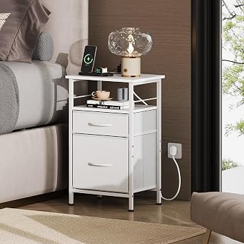 WLIVE Bedside Table with Charging Station, 2 Fabric Drawers, White