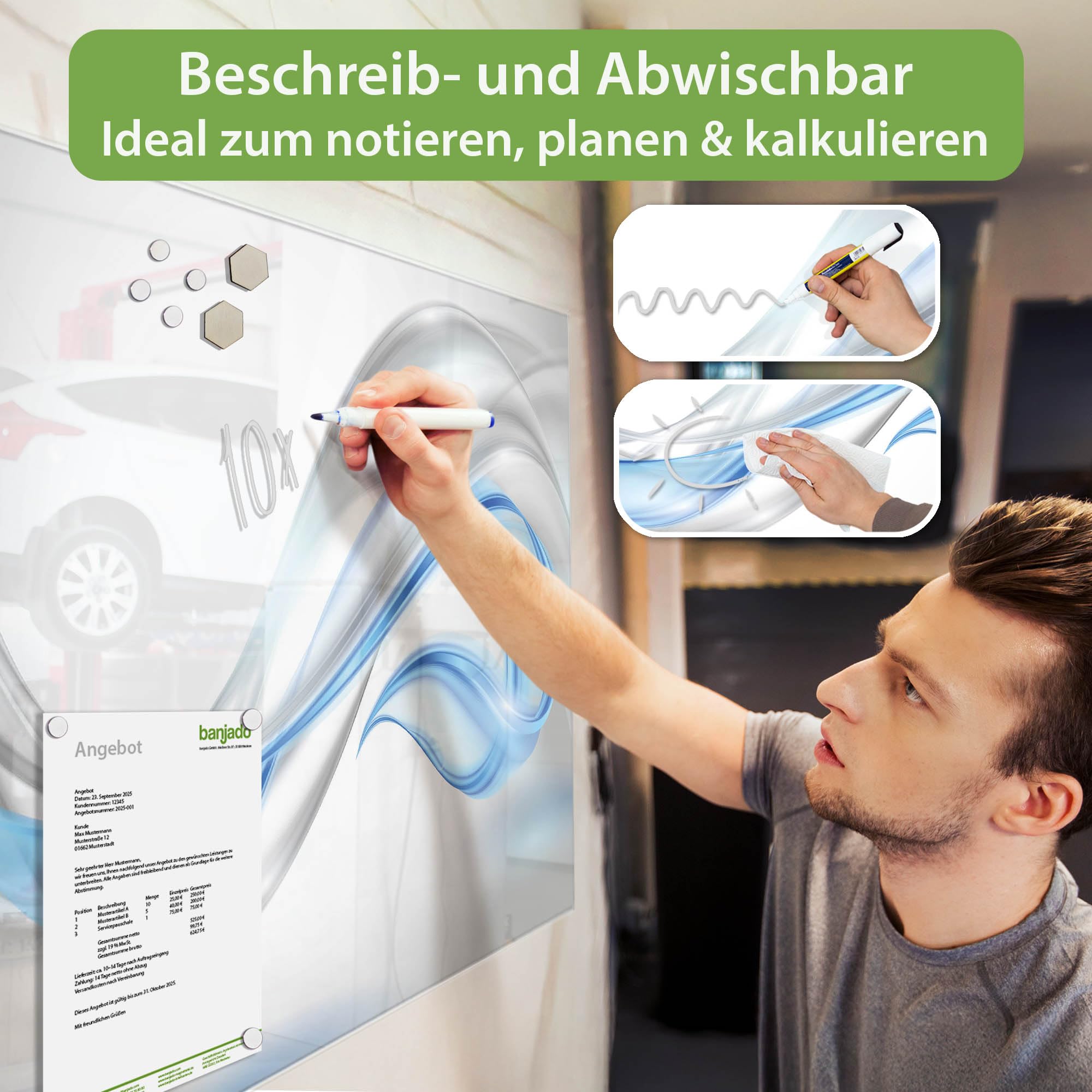banjado Glas-Magnetboard in 75x50cm für Notizen mit abstraktem Muster
